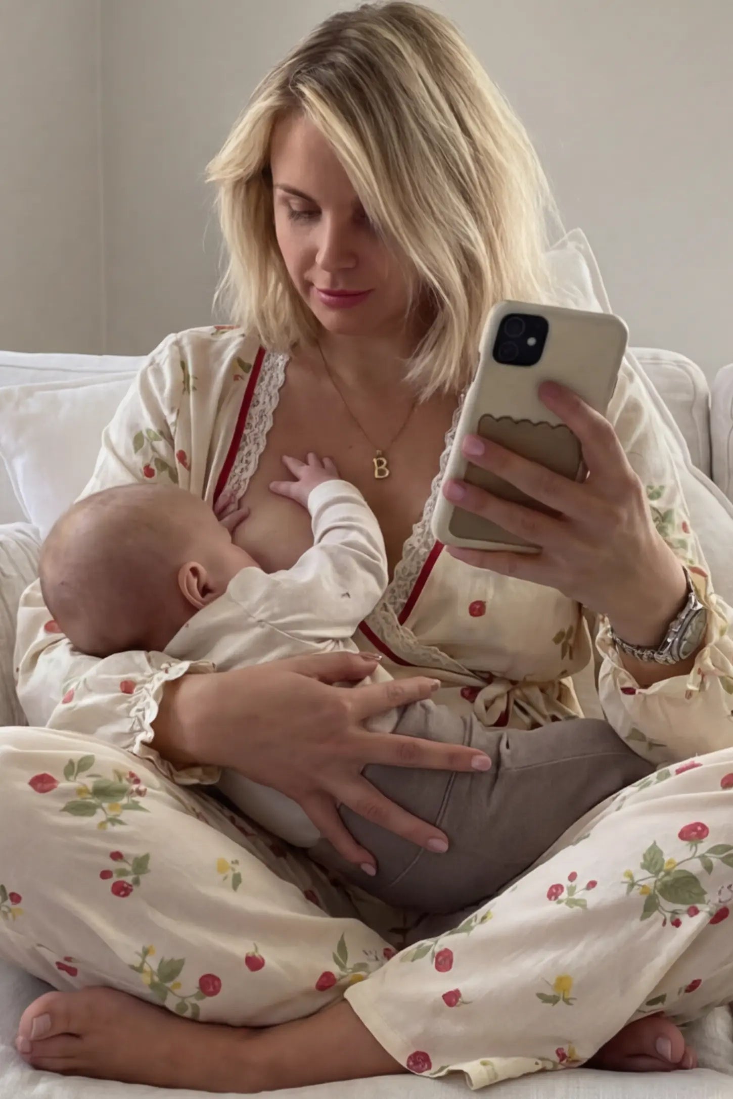 Cotton Long Sleeve Top & Pants Maternity Pajama Set Cotton Long Sleeve Maternity Pajama Set in Strawberry Cream Print featuring nursing access on a woman.
