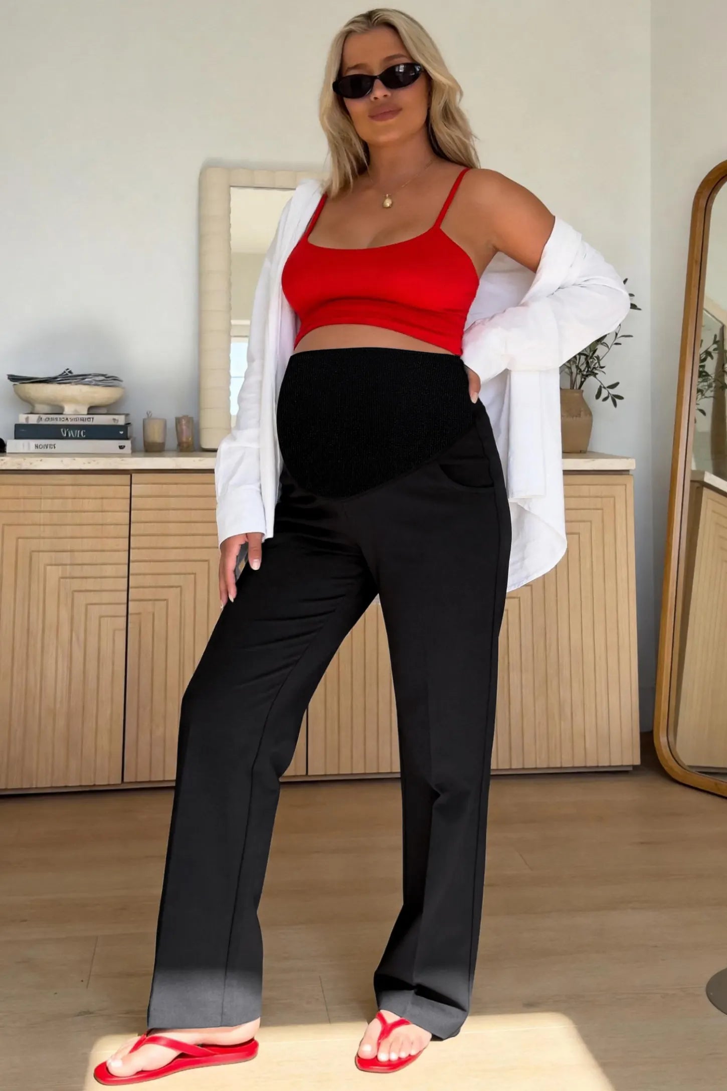 Cotton Blend Straight Leg Maternity Pants Cotton Full Panel Straight Leg Maternity Pants in Black featuring a high jersey waistband on a pregnant woman in outdoor setting, front view.
