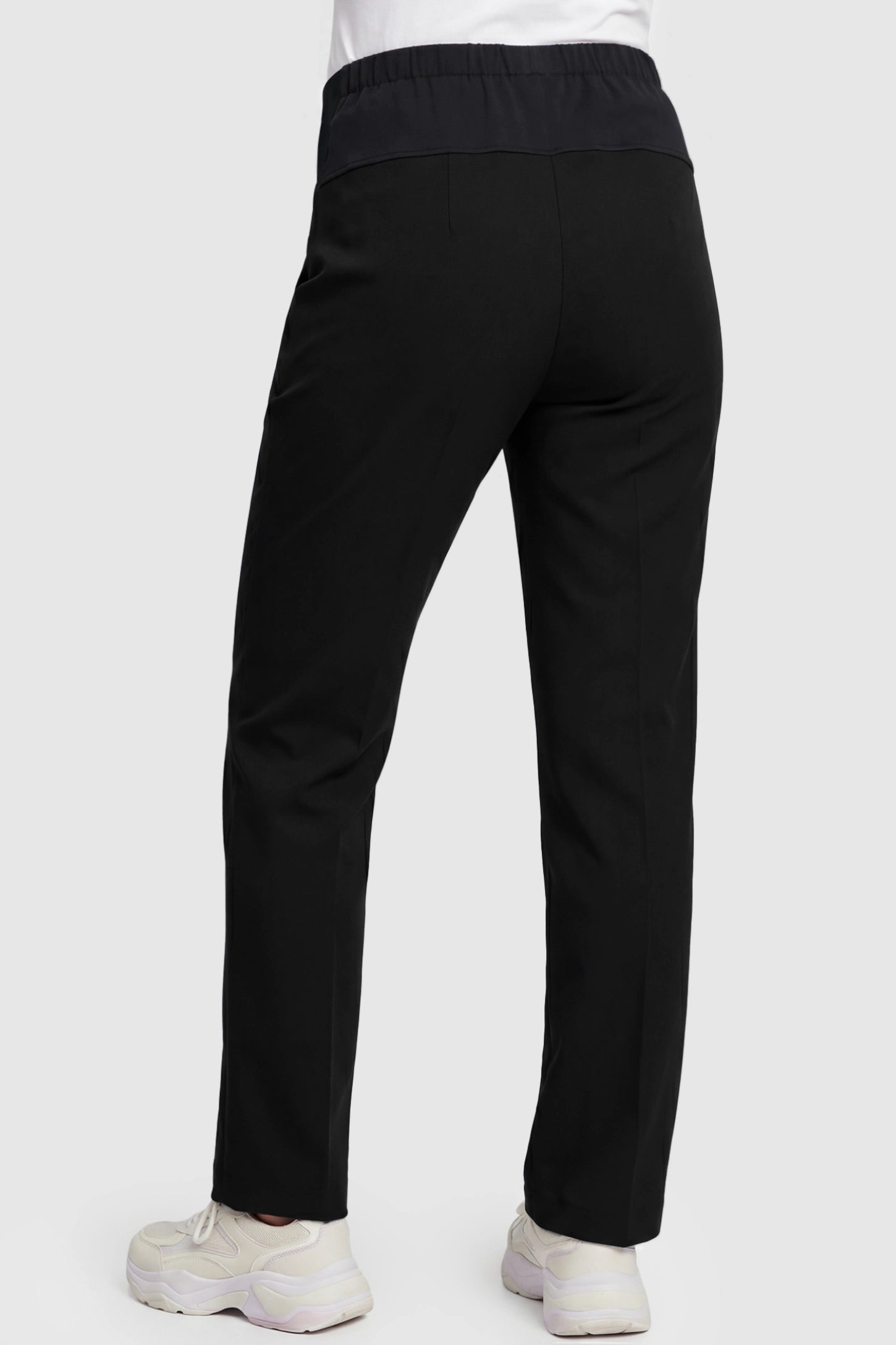 Cotton Blend Straight Leg Maternity Pants Cotton Full Panel Straight Leg Maternity Pants in Black featuring breathable stretch fabric on a pregnant model, back view.