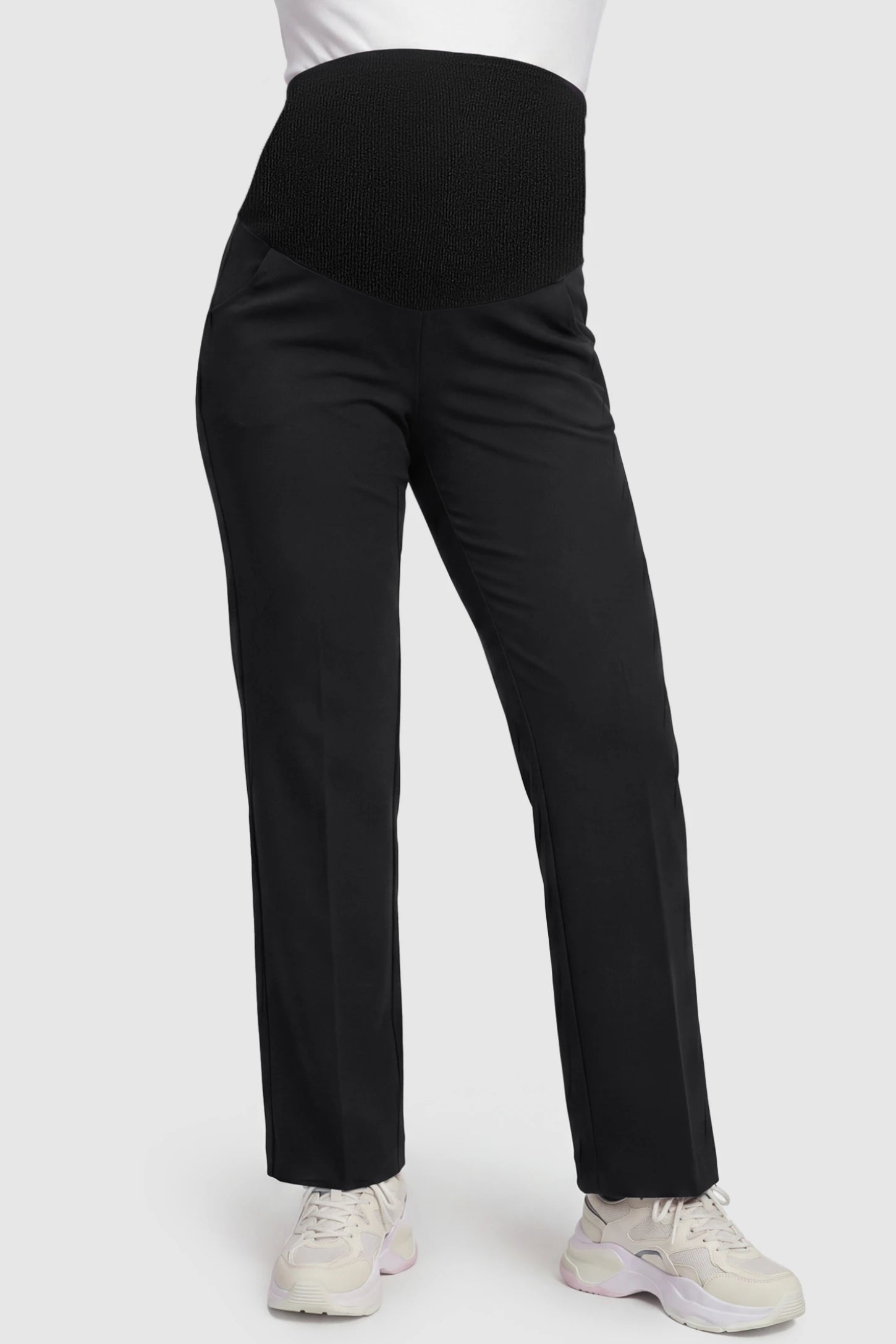 Cotton Full Panel Straight Leg Maternity Pants in Black featuring a high jersey waistband on a pregnant model, front view.