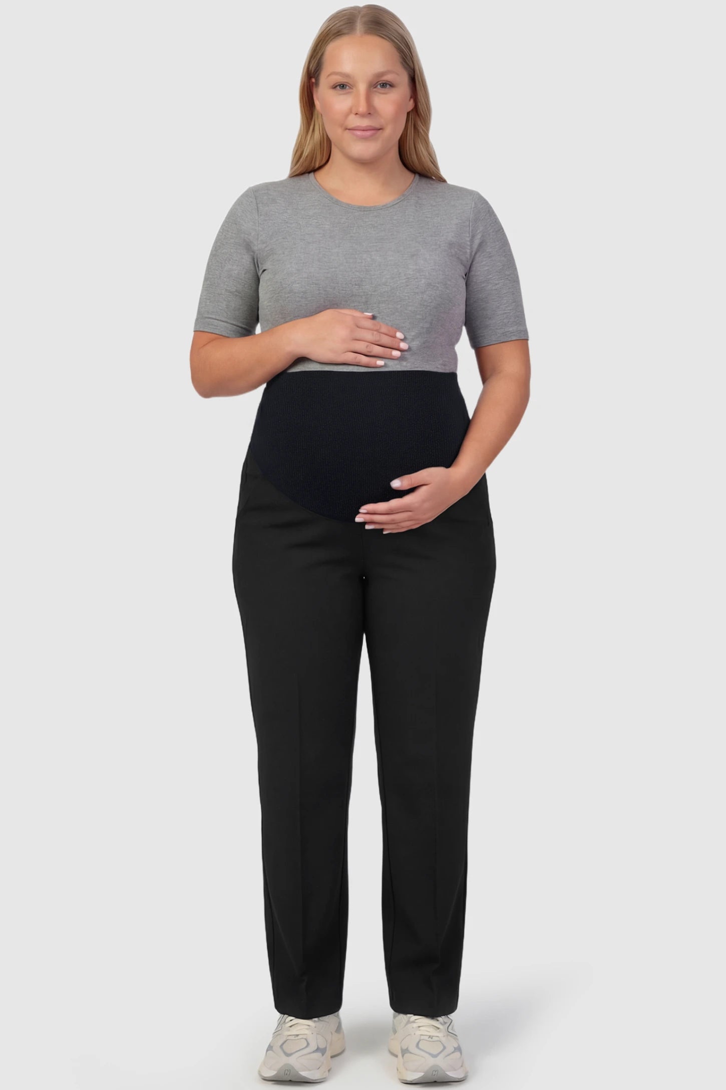 Cotton Blend Straight Leg Maternity Pants Cotton Full Panel Straight Leg Maternity Pants in Black featuring a high jersey waistband on a plus size pregnant model, front view.