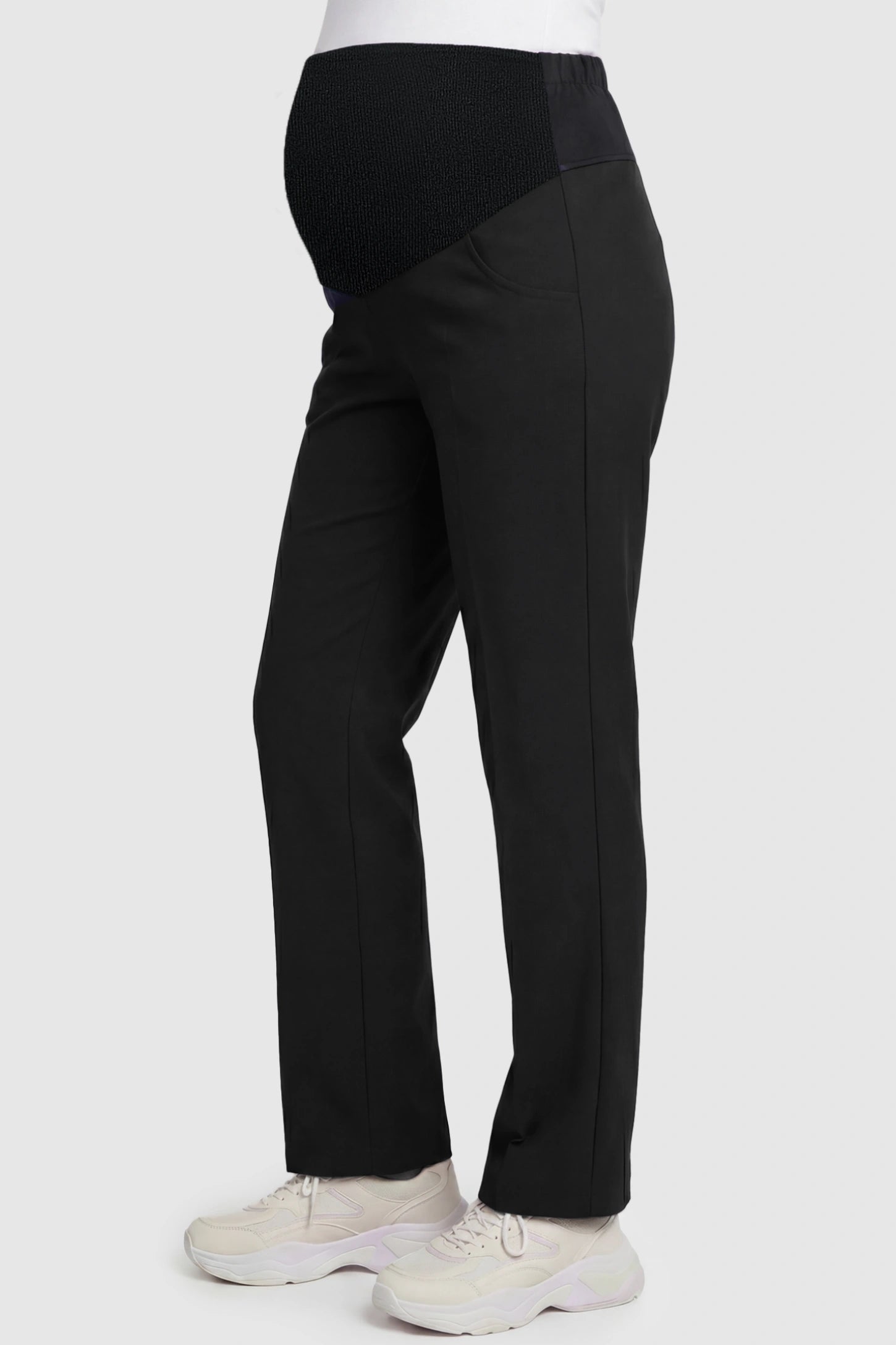 Cotton Blend Straight Leg Maternity Pants Cotton Full Panel Straight Leg Maternity Pants in Black featuring a high jersey waistband on a pregnant model, side view.