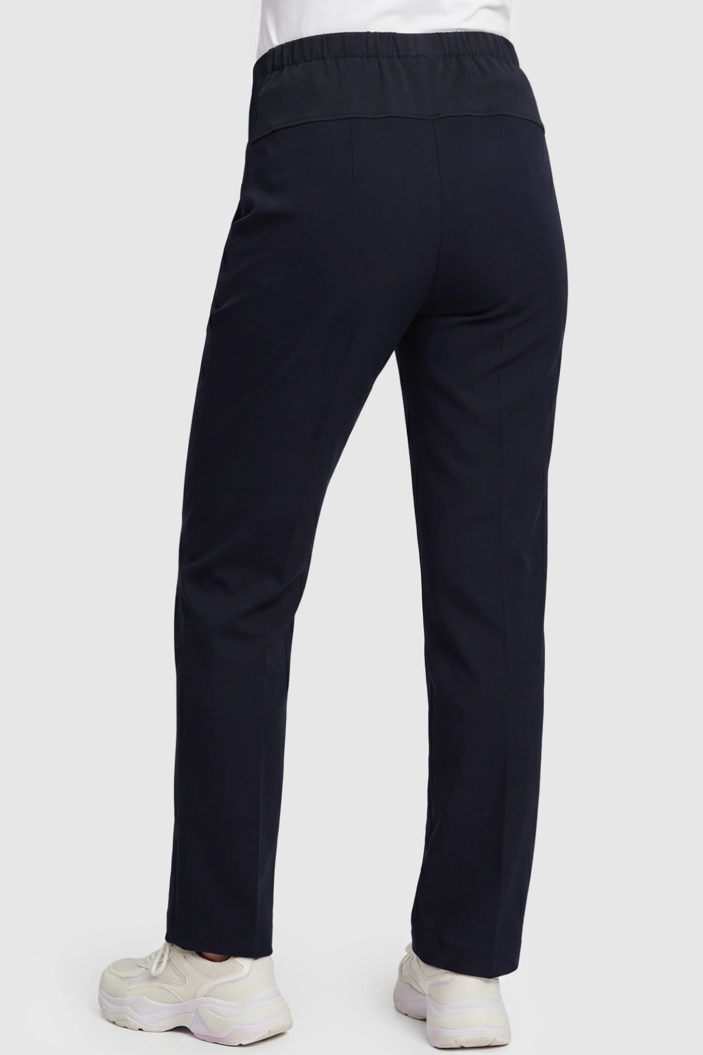 Cotton Blend Straight Leg Maternity Pants Cotton Full Panel Straight Leg Maternity Pants in Navy Blue featuring breathable stretch fabric on a pregnant model, back view.