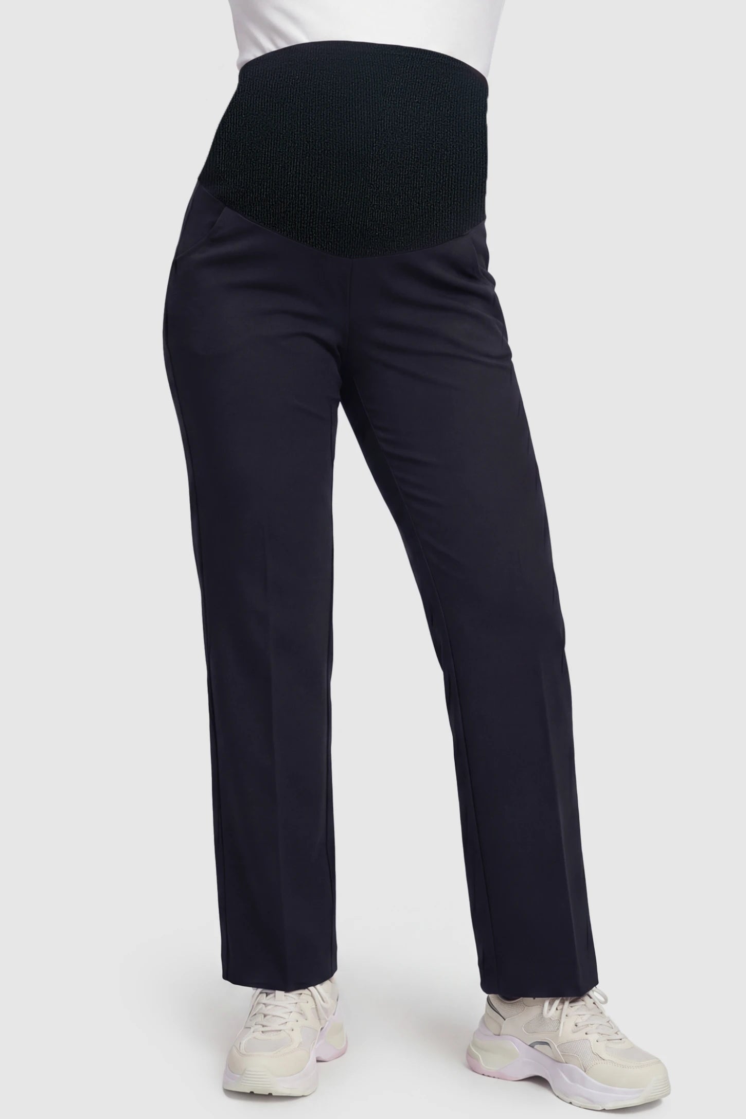 Cotton Blend Straight Leg Maternity Pants Cotton Full Panel Straight Leg Maternity Pants in Navy Blue featuring a high jersey waistband on a pregnant model, front view.