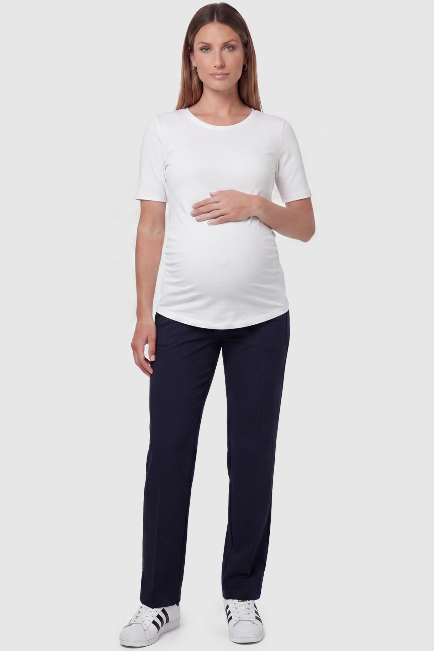 Cotton Blend Straight Leg Maternity Pants Cotton Full Panel Straight Leg Maternity Pants in Navy Blue featuring a high jersey waistband on a pregnant model, front view.