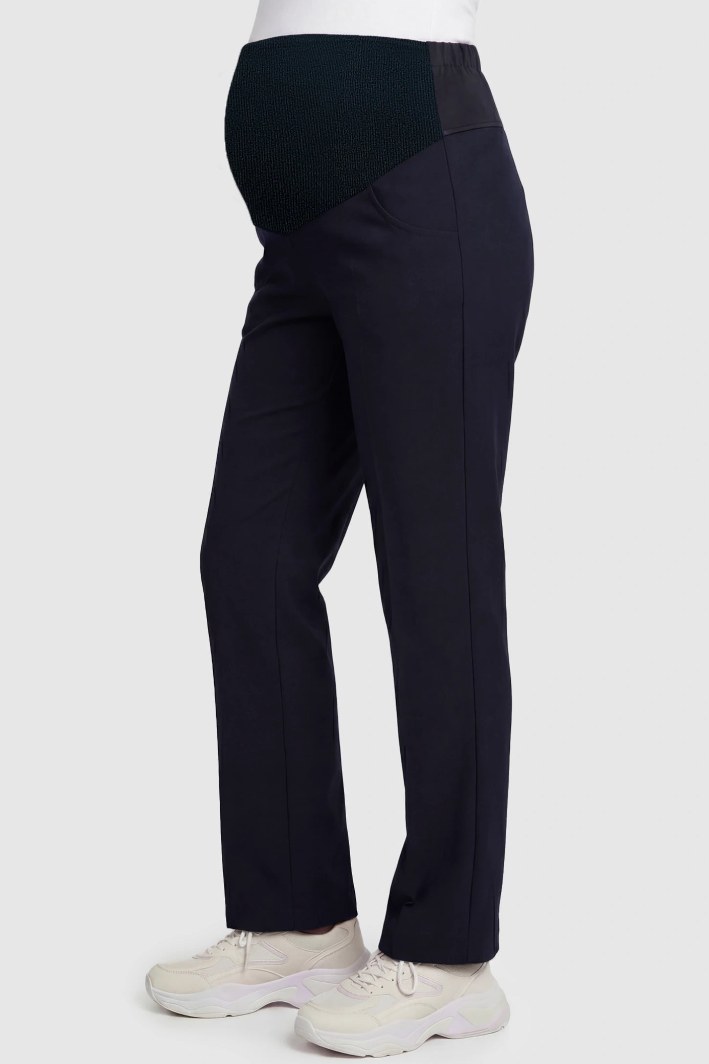 Cotton Blend Straight Leg Maternity Pants Cotton Full Panel Straight Leg Maternity Pants in Navy Blue featuring a high jersey waistband on a pregnant model, side view.