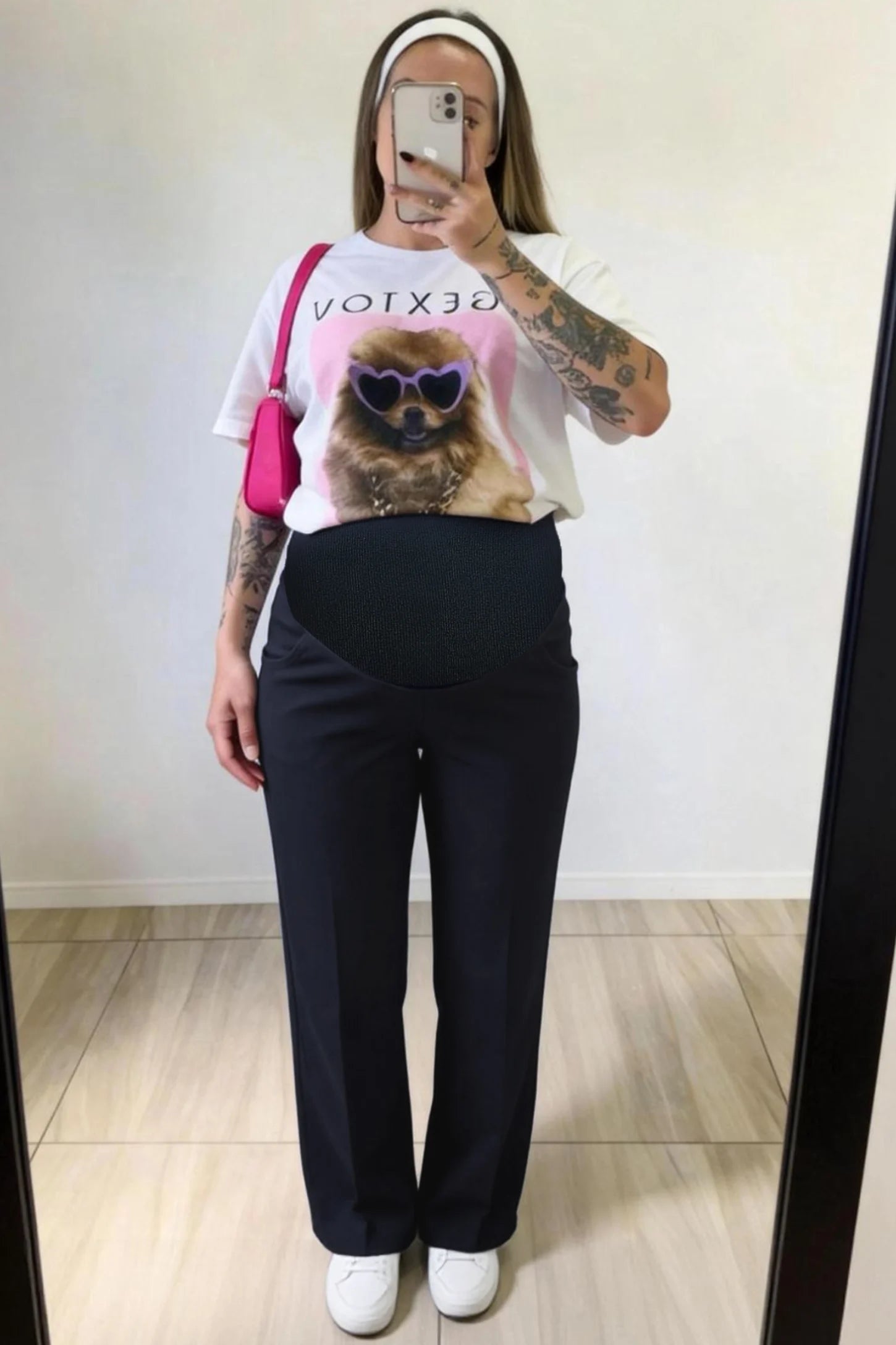 Cotton Blend Straight Leg Maternity Pants Cotton Full Panel Straight Leg Maternity Pants in Navy Blue featuring a high jersey waistband on a pregnant woman in outdoor setting, front view.