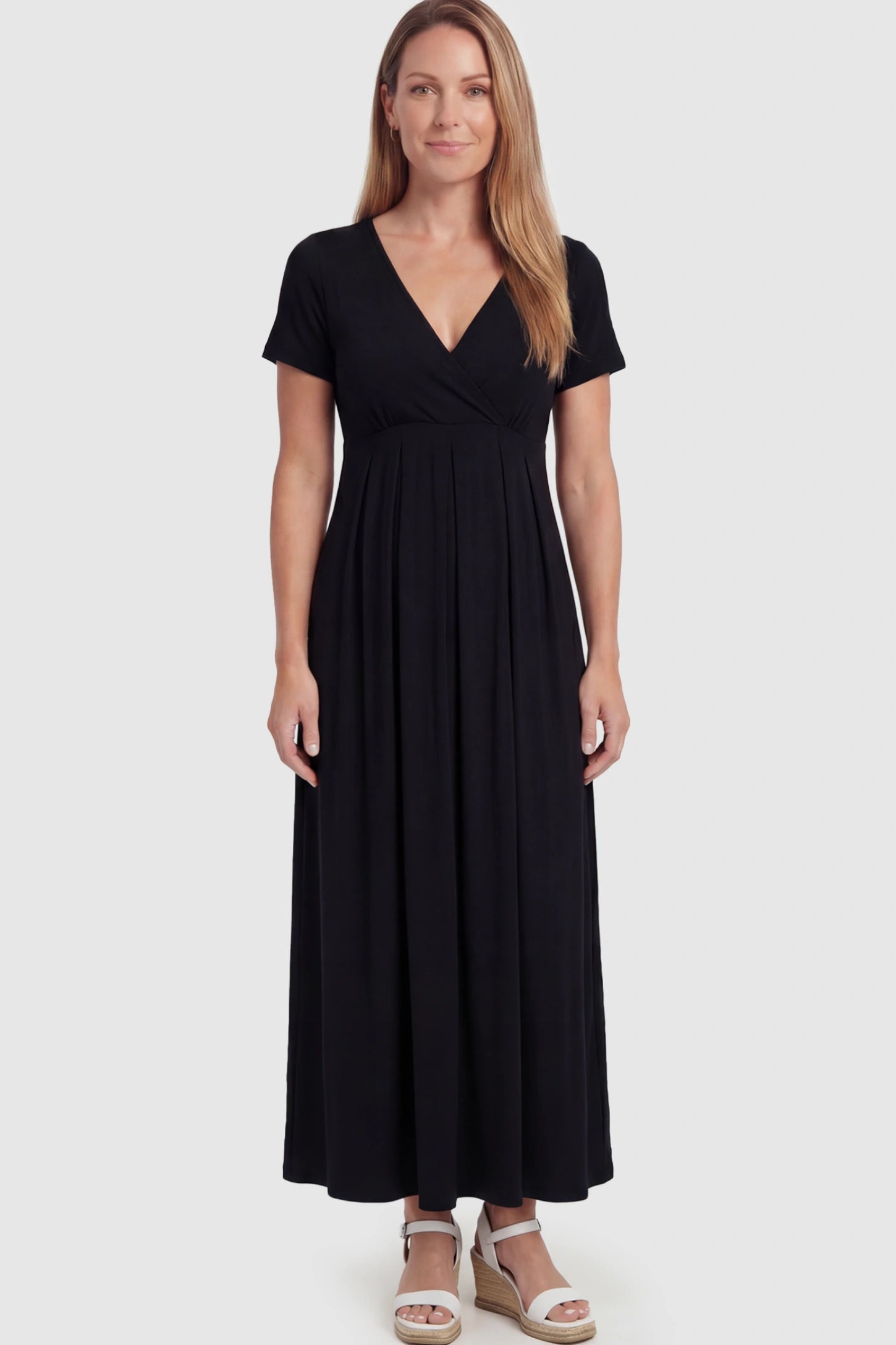Cotton V-Neck Short Sleeve Maternity Maxi Dress Solid V-Neck Maxi Maternity Dress in black featuring breathable cotton and a deep neckline on a postpartum model showing front.