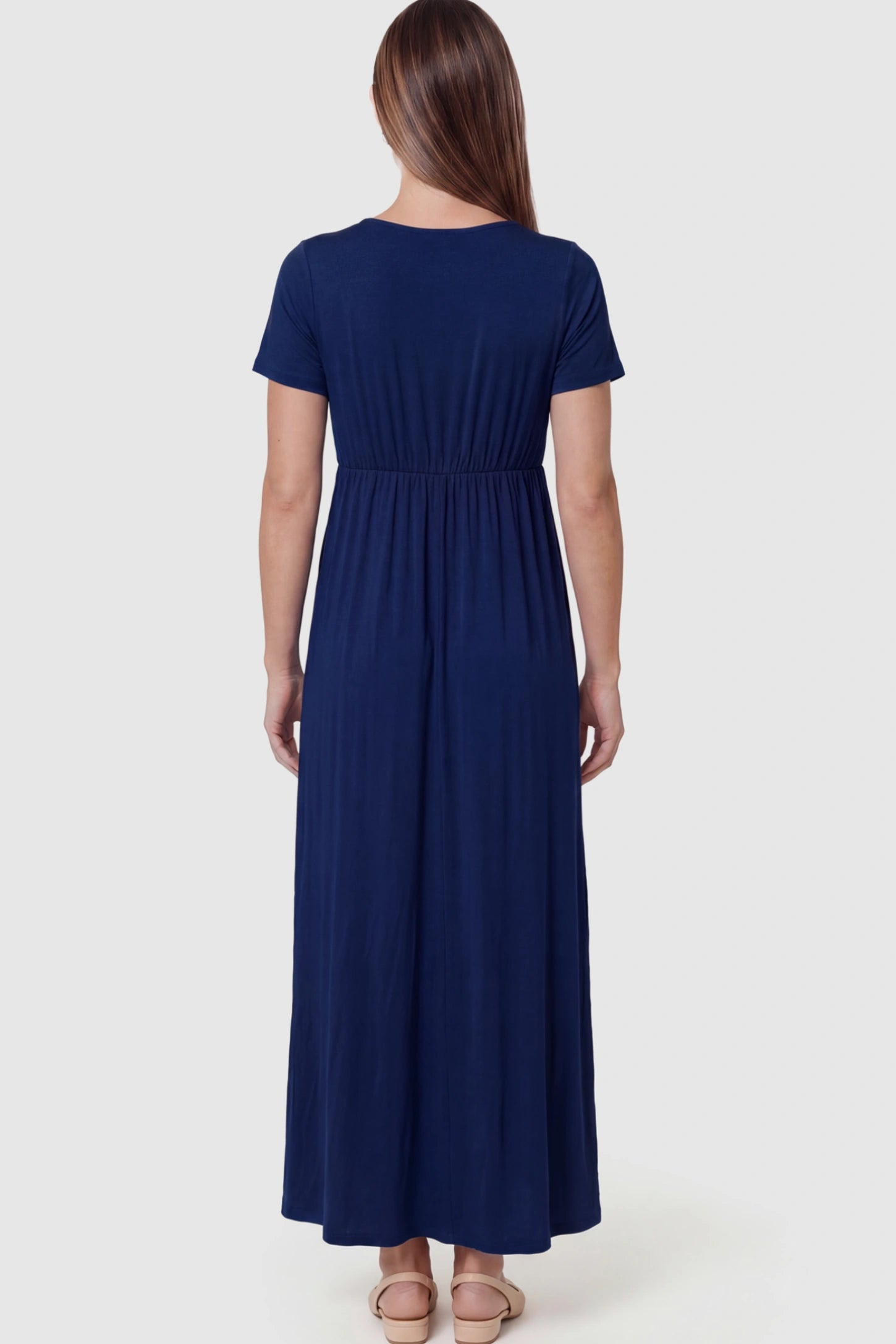 Cotton V-Neck Short Sleeve Maternity Maxi Dress Solid V-Neck Maxi Maternity Dress in Blue featuring breathable cotton on a pregnant model showing back.
