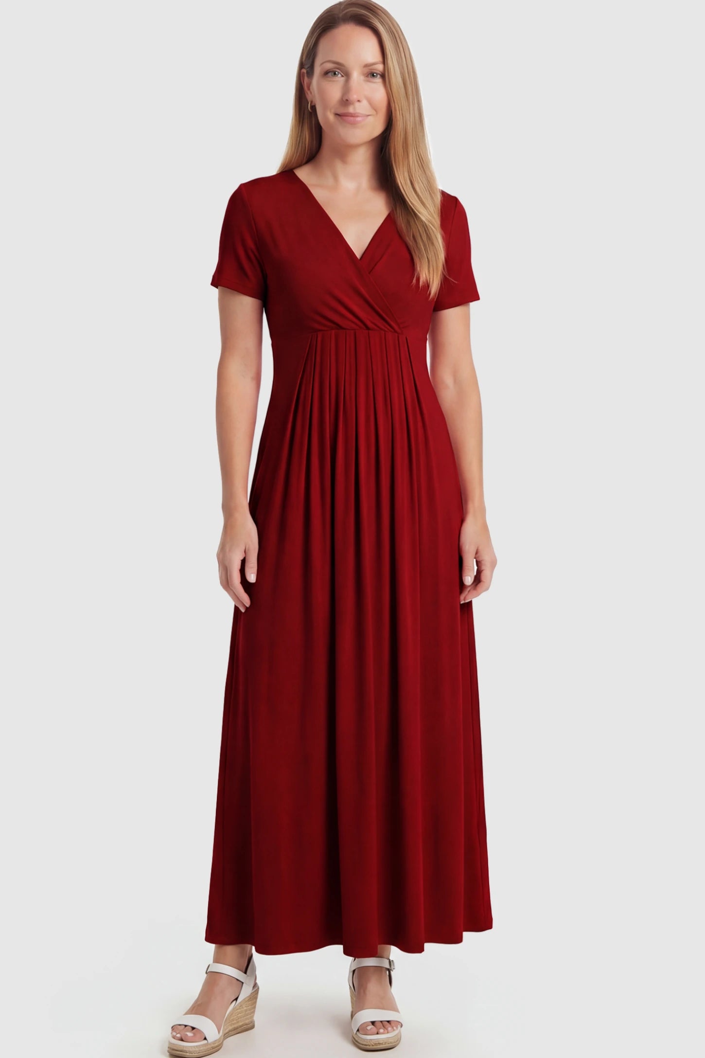 Cotton V-Neck Short Sleeve Maternity Maxi Dress Solid V-Neck Maxi Maternity Dress in dark red featuring breathable cotton and a deep neckline on a postpartum model showing front.