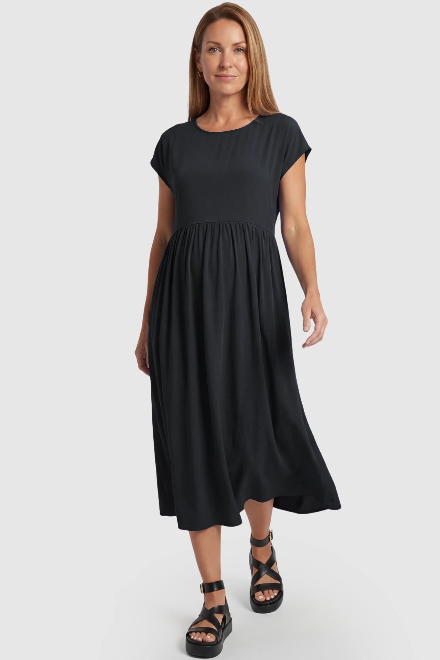 Crew Neck Short Sleeve Maternity Midi Dress Crew Neck Short Sleeve Maternity Midi Dress in Black featuring a flowy shift silhouette on a postpartum model, front view.