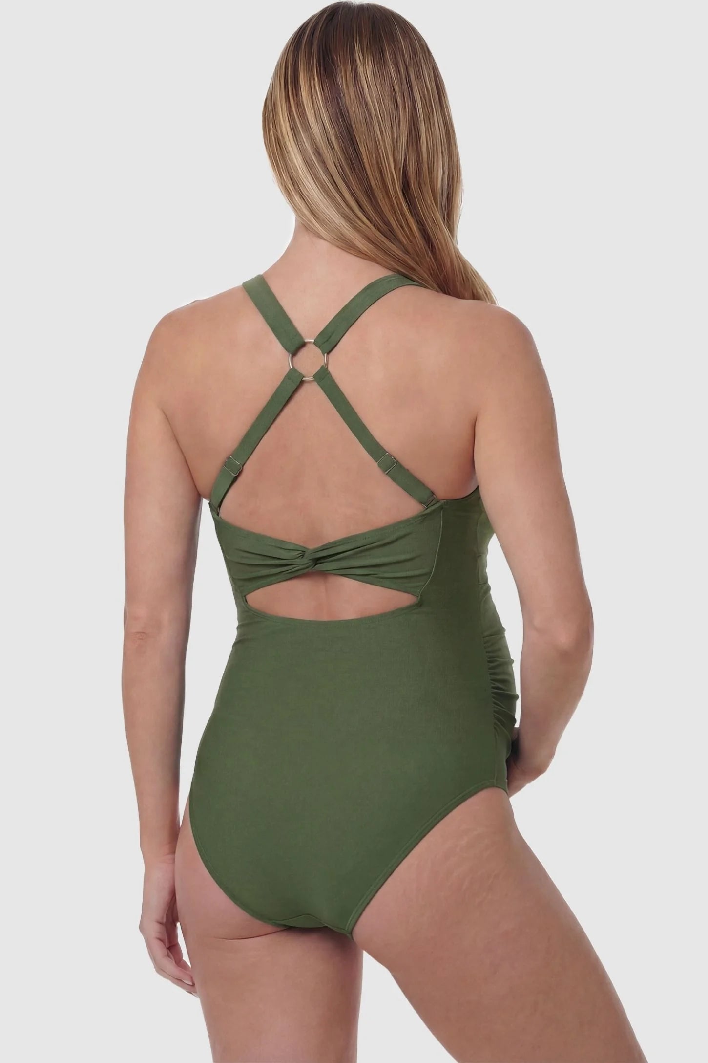 Criss-Cross Back Twist-Front Maternity One-Piece Criss-Cross Back Twist-Front Maternity One-Piece in Green featuring an adjustable O-ring back on a pregnant model, back view.
