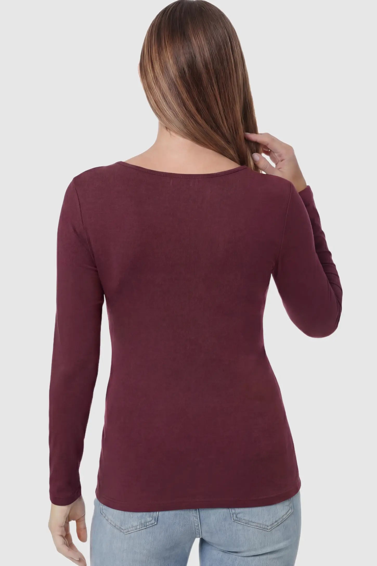 Cross Front Long Sleeve Maternity Top Cross Front Long Sleeve Maternity Top in Dark Purple featuring a crossover waist detail on a pregnant model showing back.