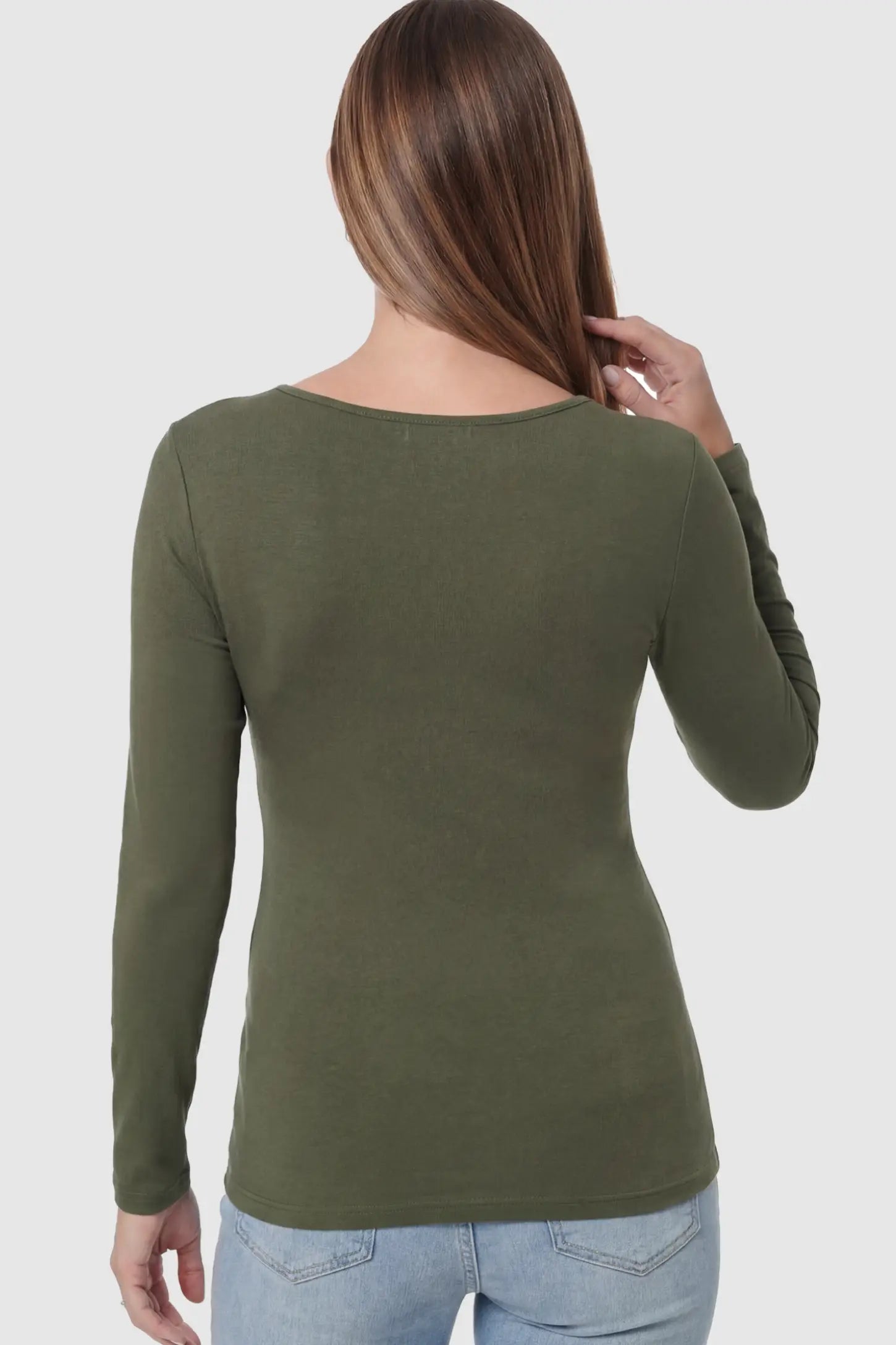 Cross Front Long Sleeve Maternity Top Cross Front Long Sleeve Maternity Top in Olive Green featuring a crossover waist detail on a pregnant model showing back.