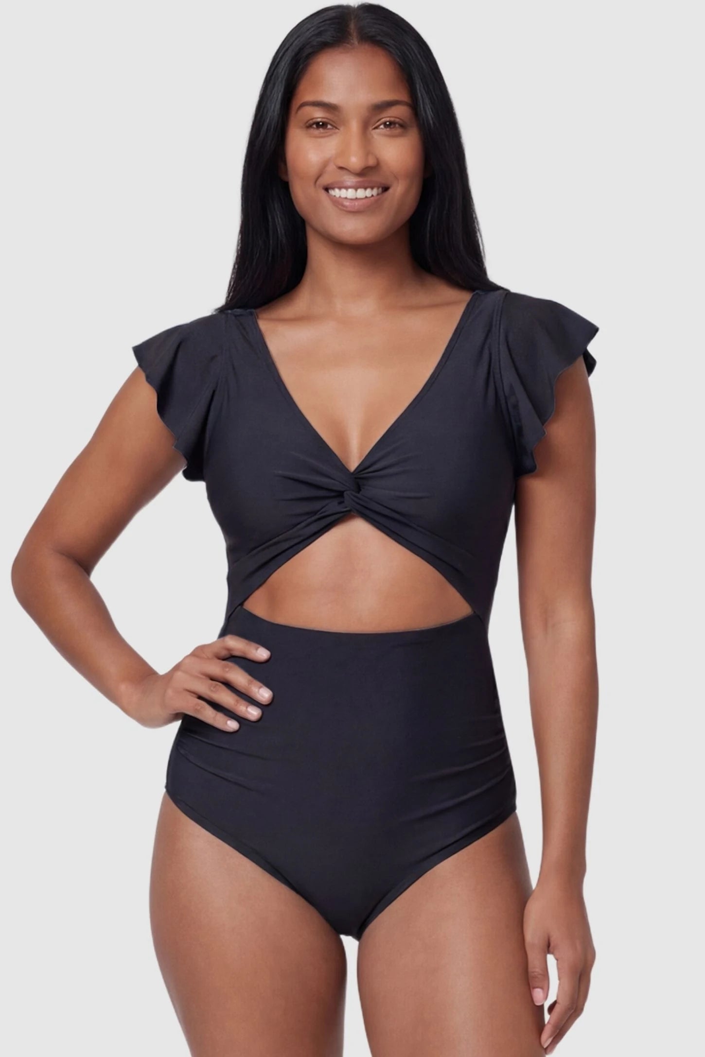 Cutout Twist-Front Maternity Monokini Cutout Twist-Front Maternity Monokini in Black featuring a high-waisted fit on a non-pregnant model, front view.