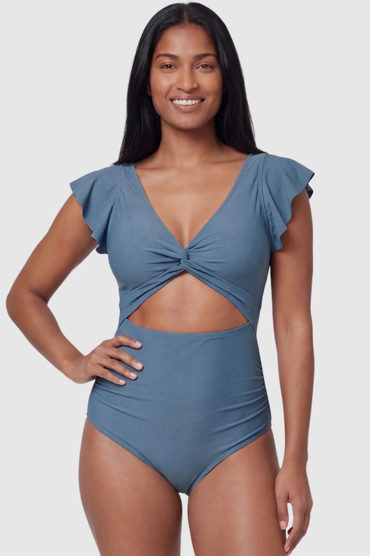 Cutout Twist-Front Maternity Monokini Cutout Twist-Front Maternity Monokini in Blue featuring a high-waisted fit on a non-pregnant model, front view.