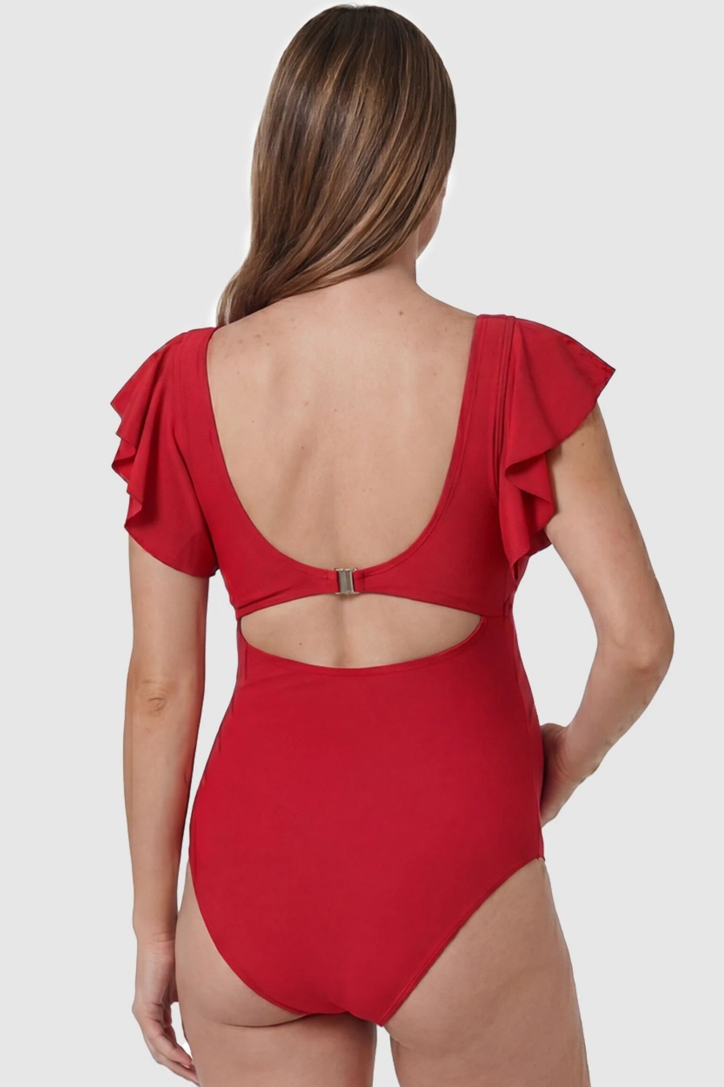 Cutout Twist-Front Maternity Monokini Cutout Twist-Front Maternity Monokini in Red featuring a secure gold clasp closure on a pregnant model, back view.