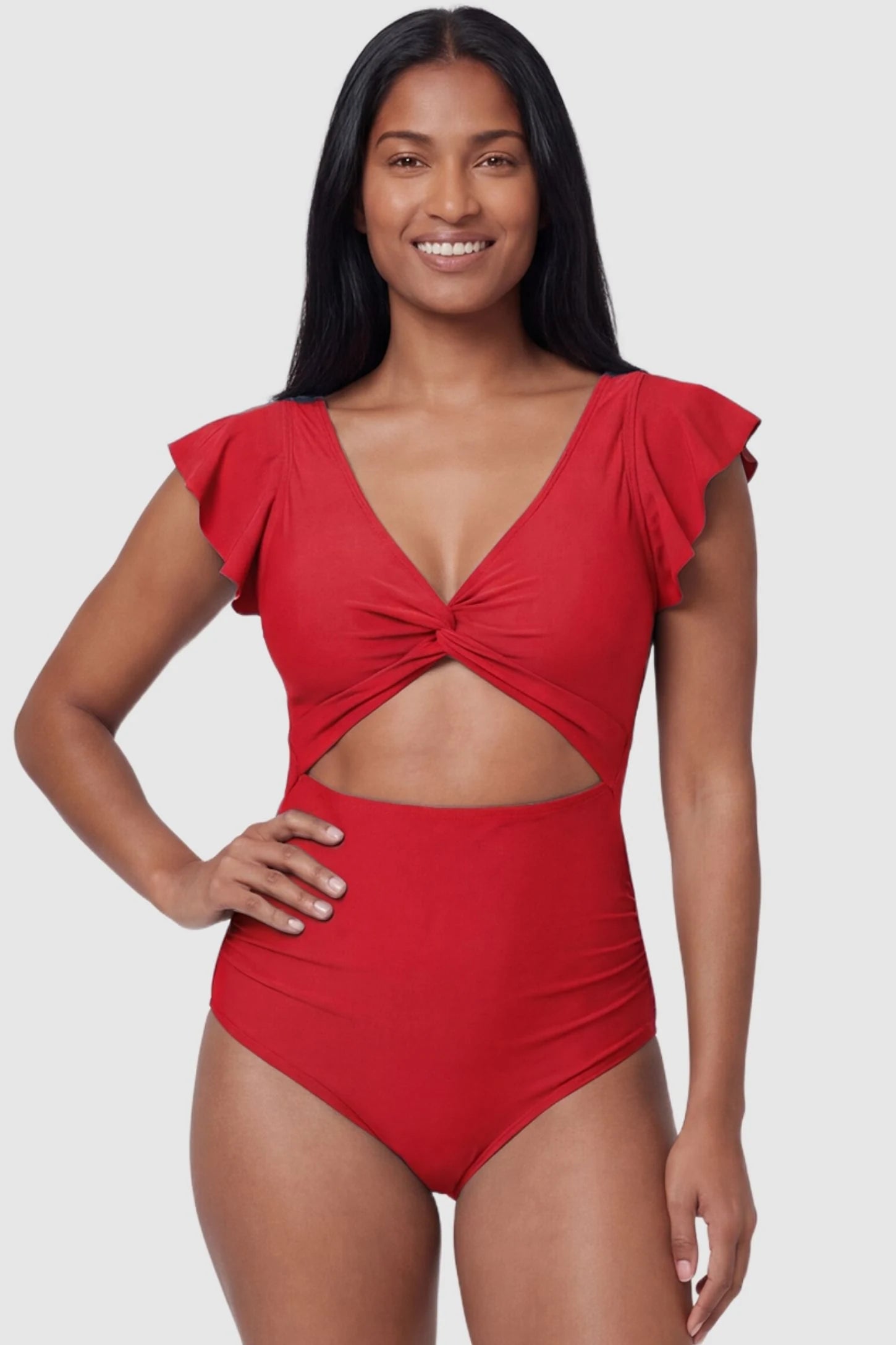 Cutout Twist-Front Maternity Monokini Cutout Twist-Front Maternity Monokini in Red featuring a high-waisted fit on a non-pregnant model, front view.