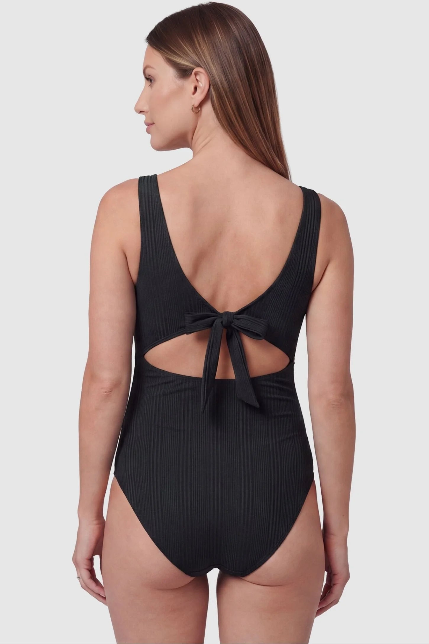 Cutout Twisted V-Neck Maternity Swimsuit Cutout Twisted V-Neck Maternity Swimsuit in Black featuring a back view with a tie closure on a pregnant model.