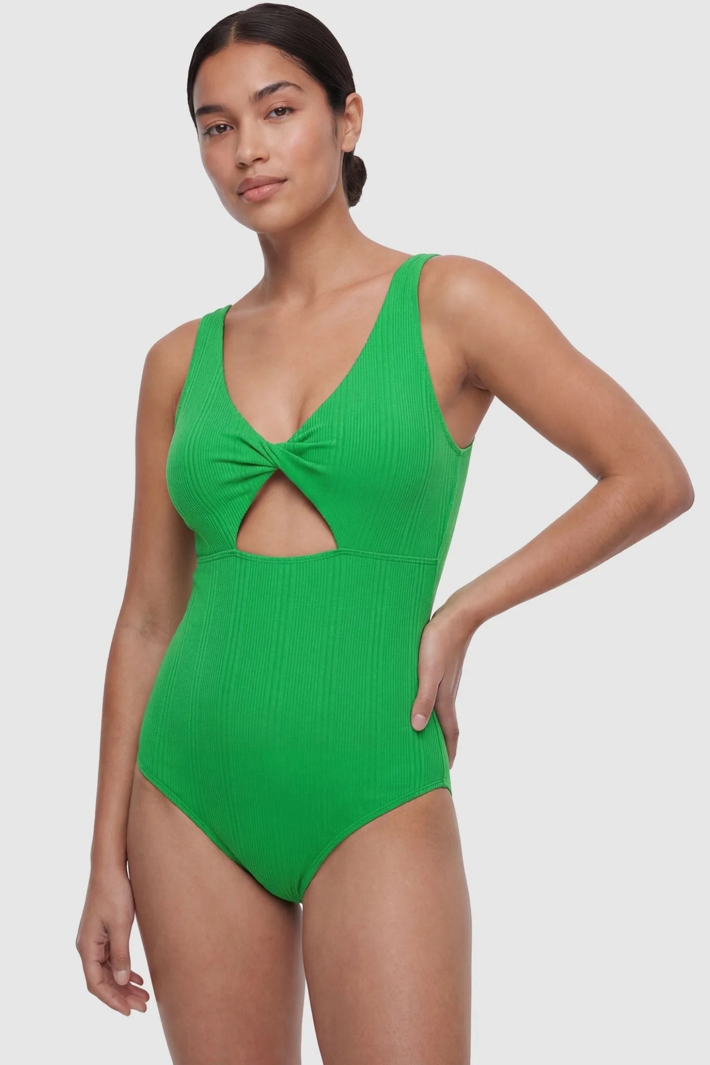 Cutout Twisted V-Neck Maternity Swimsuit Cutout Twisted V-Neck Maternity Swimsuit in Green featuring a front view on a non-pregnant postpartum model.