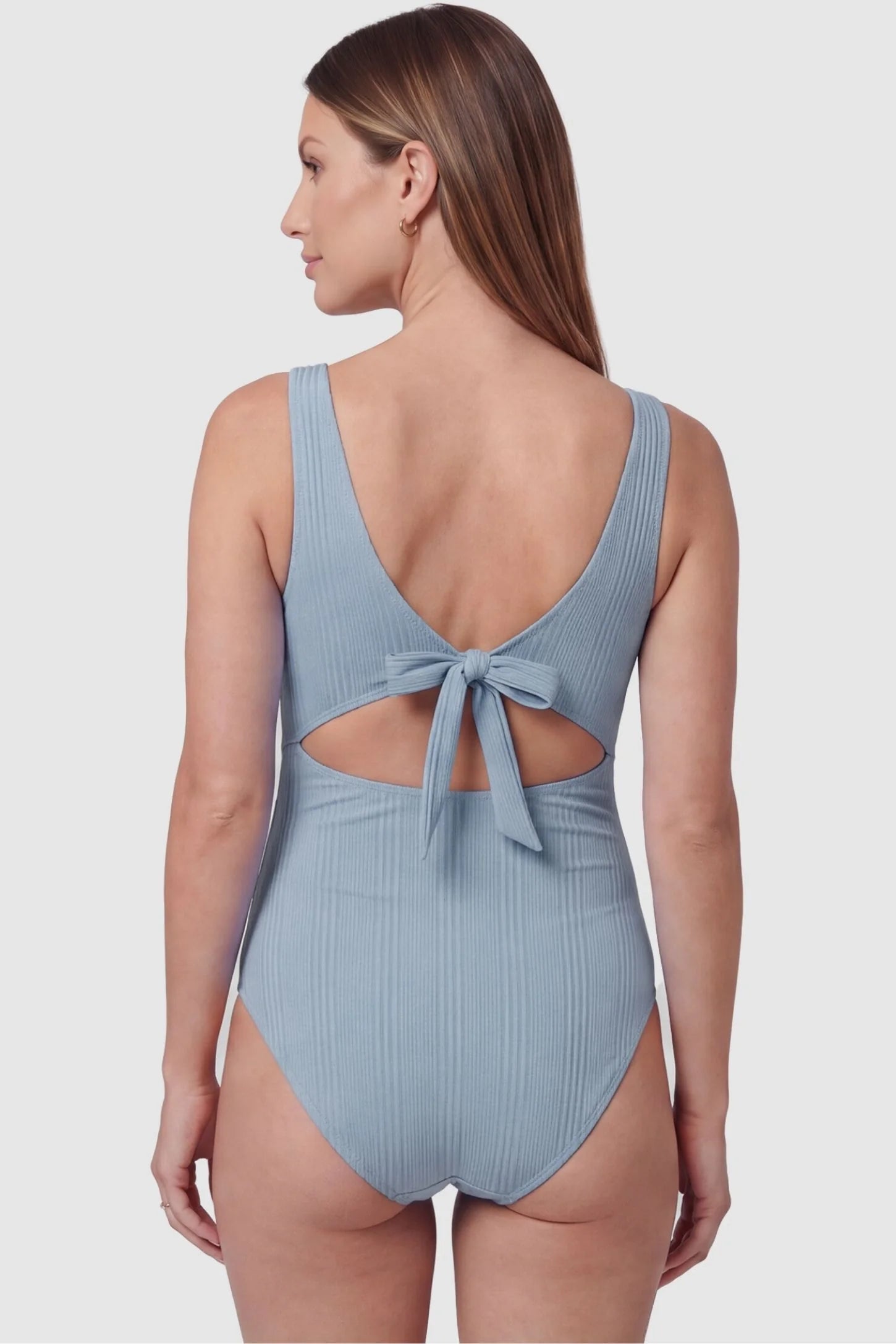 Cutout Twisted V-Neck Maternity Swimsuit Cutout Twisted V-Neck Maternity Swimsuit in Light Blue featuring a back view with a tie closure on a pregnant model.