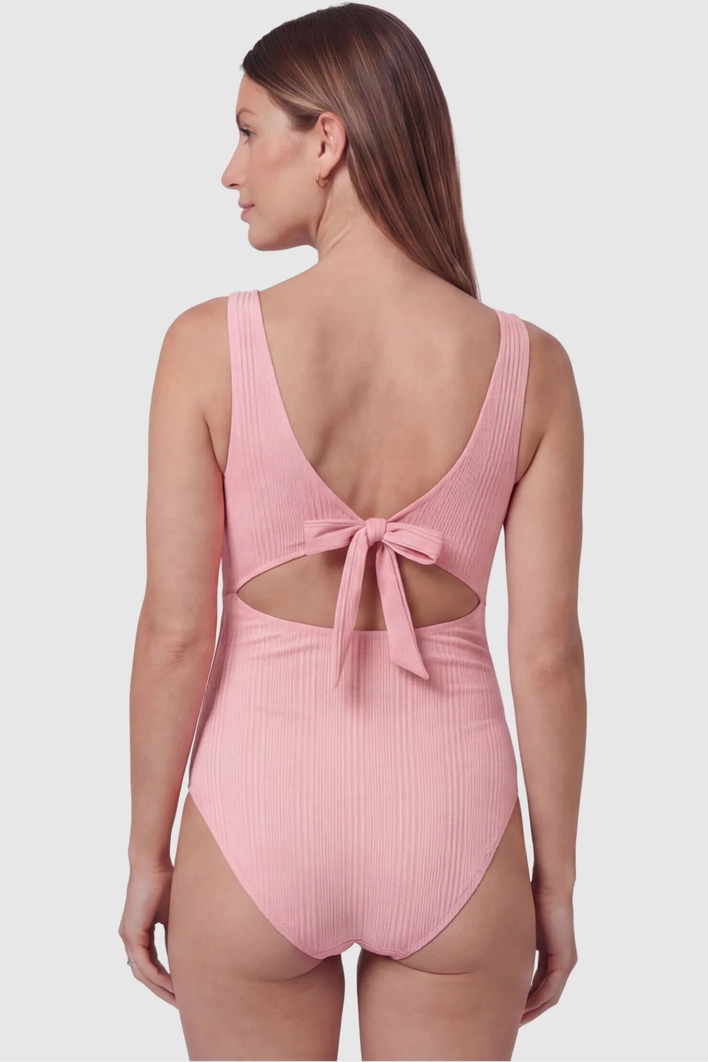Cutout Twisted V-Neck Maternity Swimsuit Cutout Twisted V-Neck Maternity Swimsuit in Pink featuring a back view with a tie closure on a pregnant model.