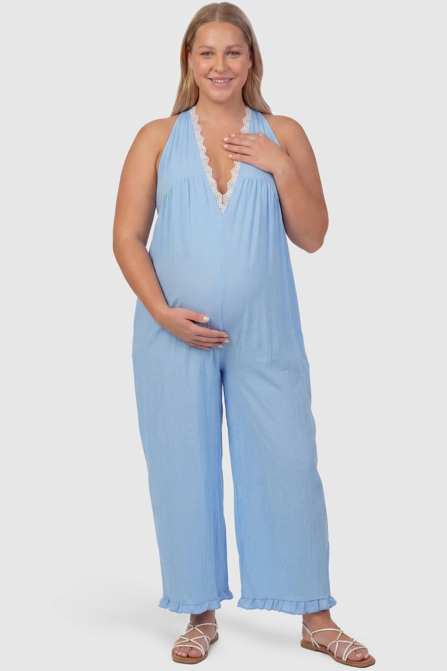 Deep V-Neck Lace Trim Wide Leg Maternity Jumpsuit Deep V-Neck Lace Trim Wide Leg Maternity Jumpsuit in Light Blue featuring delicate white lace trim neckline on a plus-size pregnant model, front view.
