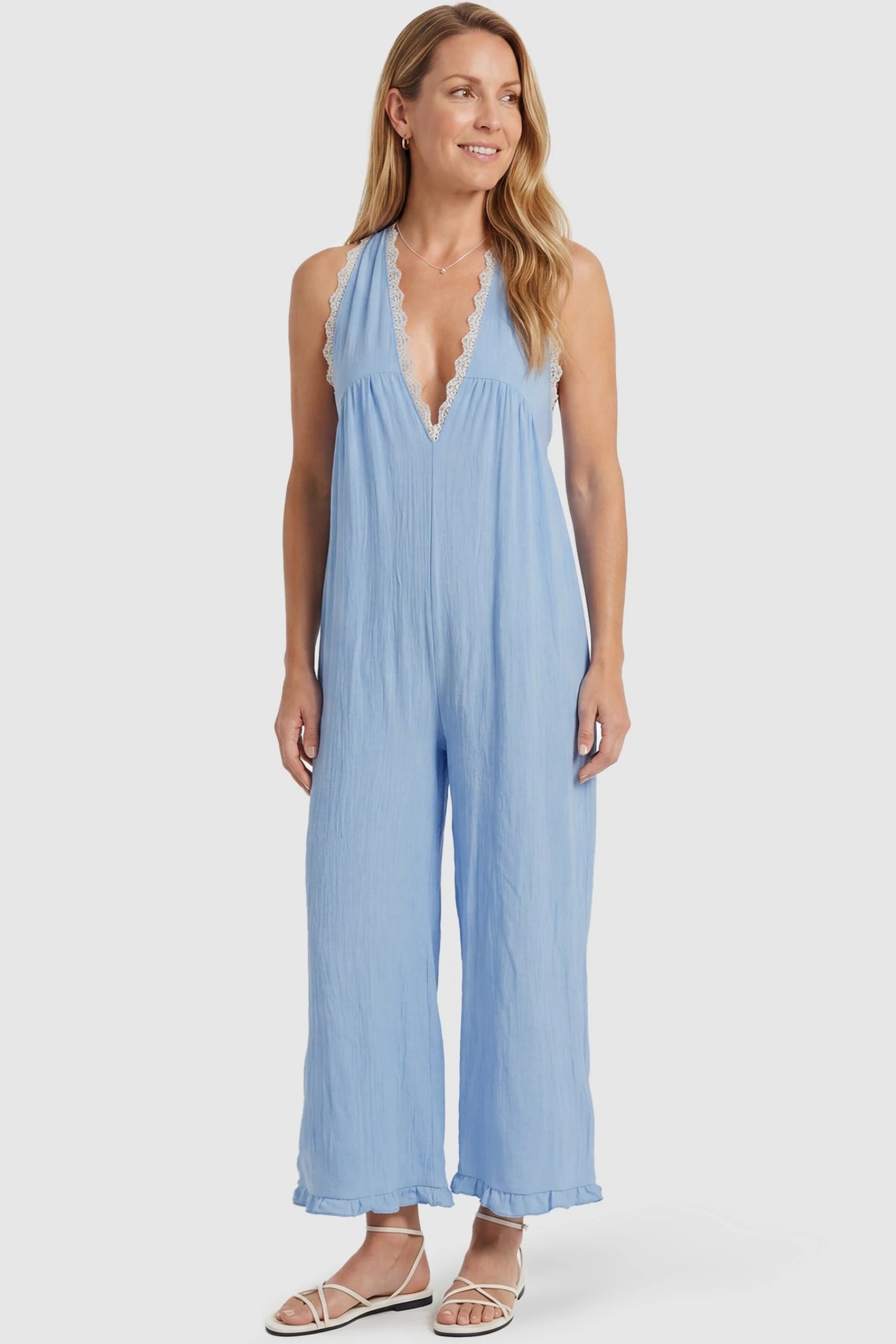Deep V-Neck Lace Trim Wide Leg Maternity Jumpsuit Deep V-Neck Lace Trim Wide Leg Maternity Jumpsuit in Light Blue featuring a flattering deep V neckline with lace trim on a non-pregnant model, front view.