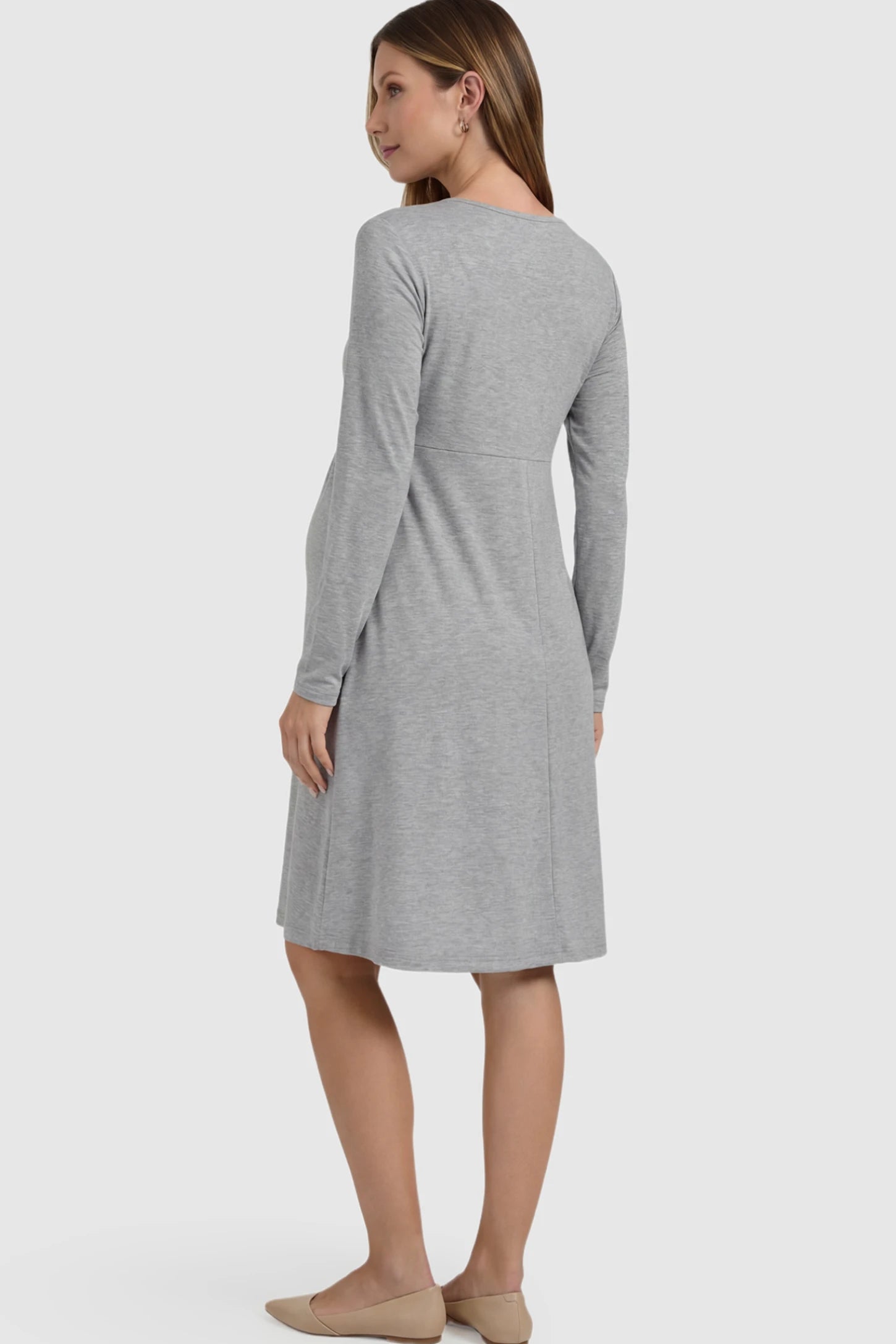 Double Layer Long Sleeve Maternity & Nursing Dress Double Layer Long Sleeve Maternity & Nursing Dress in Gray featuring high performance fabric on a pregnant model showing back.