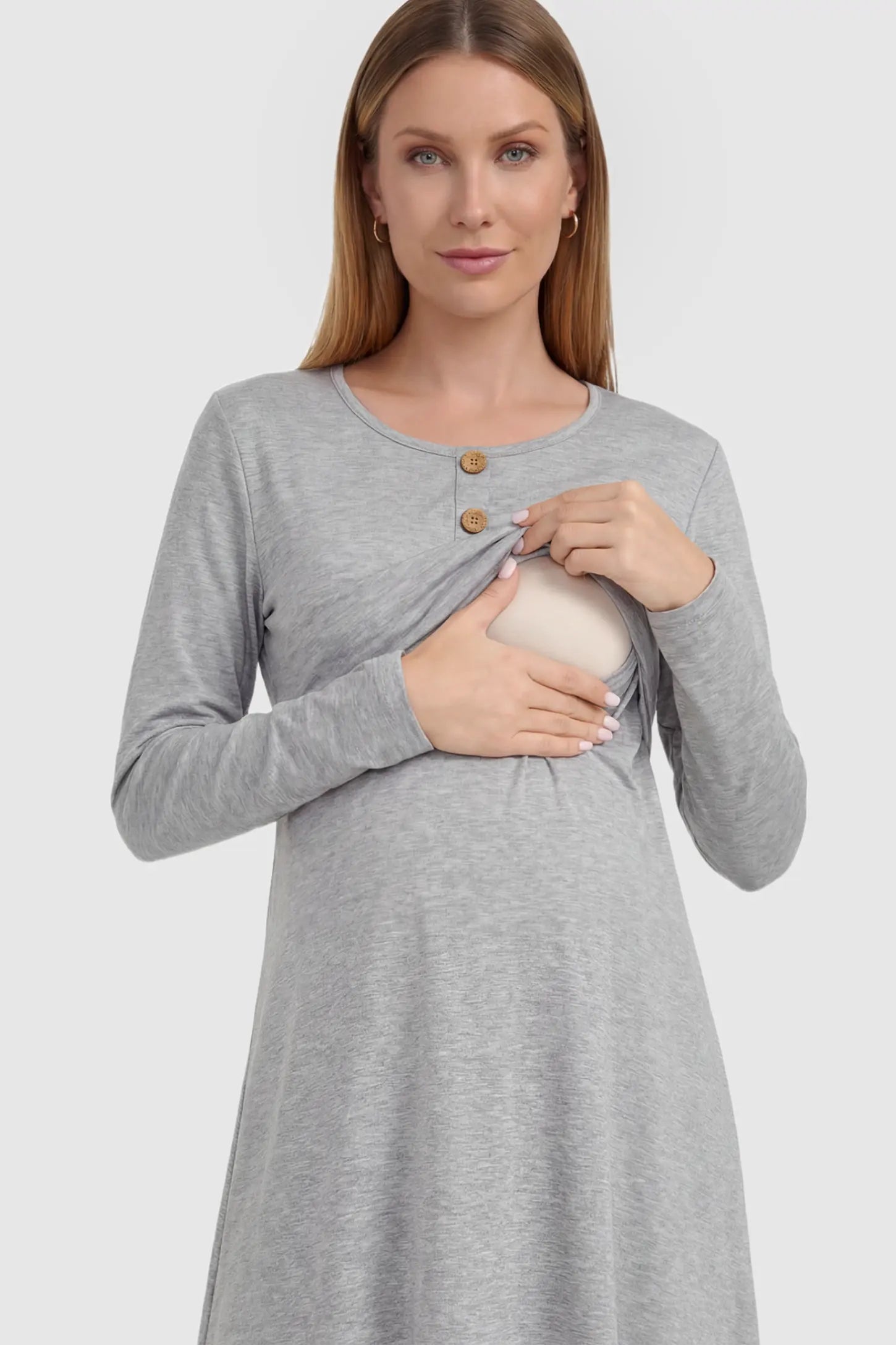 Double Layer Long Sleeve Maternity & Nursing Dress Double Layer Long Sleeve Maternity & Nursing Dress in Gray featuring nursing access on a pregnant model showing front.