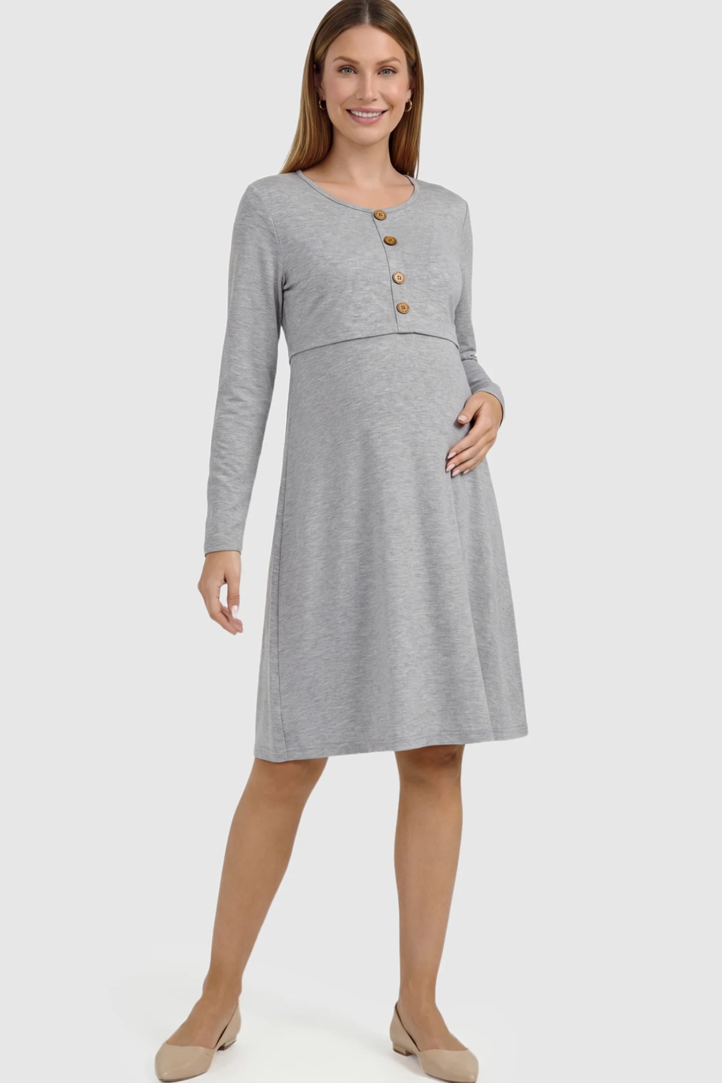 Double Layer Long Sleeve Maternity & Nursing Dress in Gray featuring decorative buttons on a pregnant model showing front.