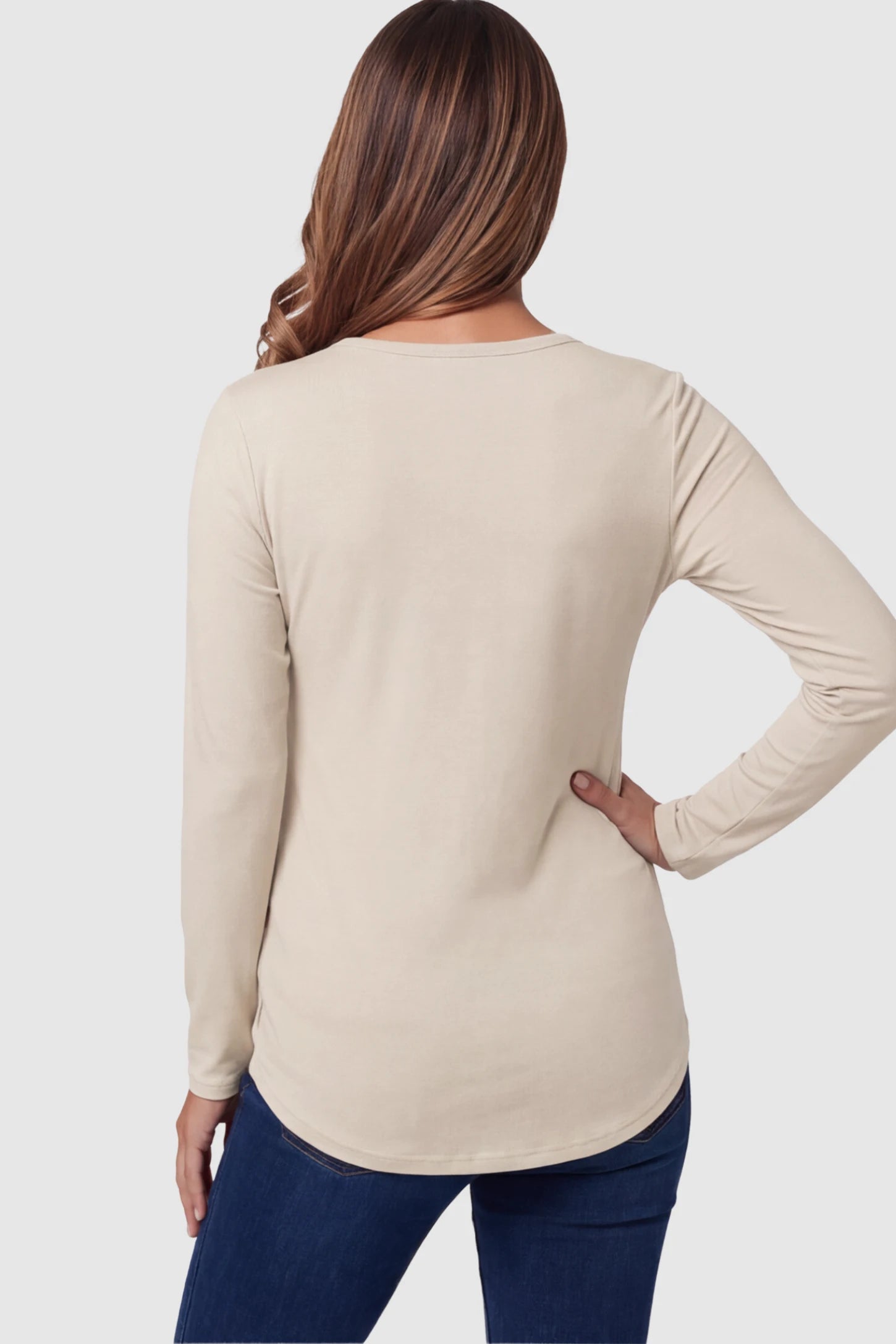 Double Layer Long Sleeve Maternity Nursing Top Double Layer Long Sleeve Maternity & Nursing Top in Apricot with a discrete lift-up access on a pregnant model showing back.