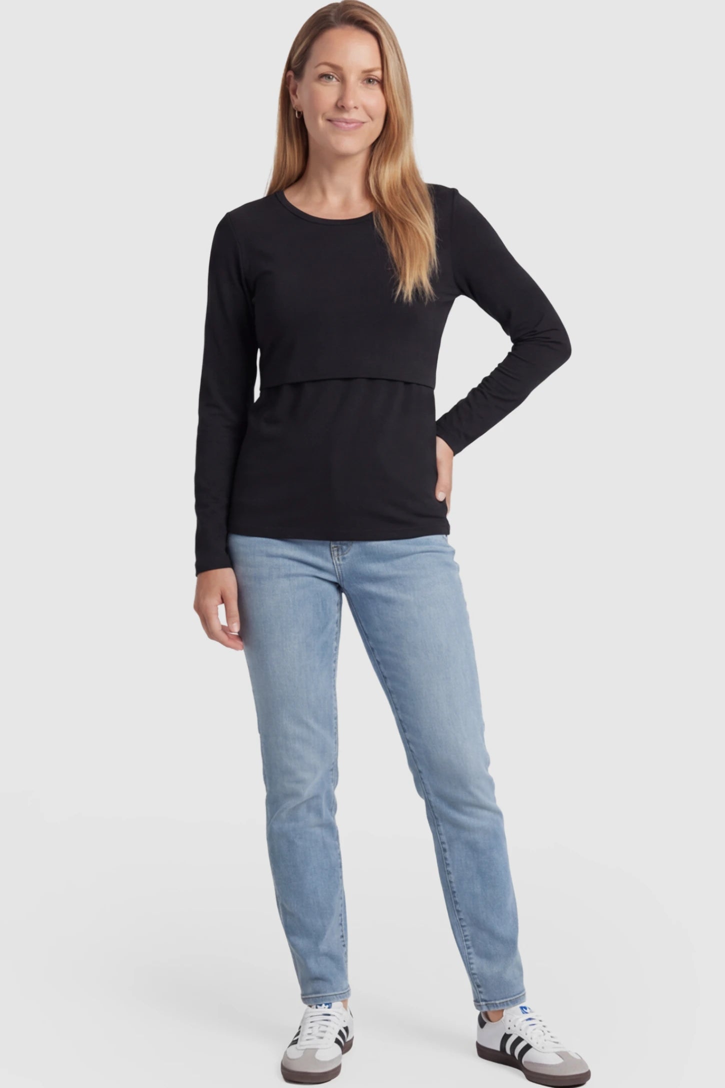 Double Layer Long Sleeve Maternity Nursing Top Double Layer Long Sleeve Maternity & Nursing Top in black with a discrete lift-up access on a postpartum model.