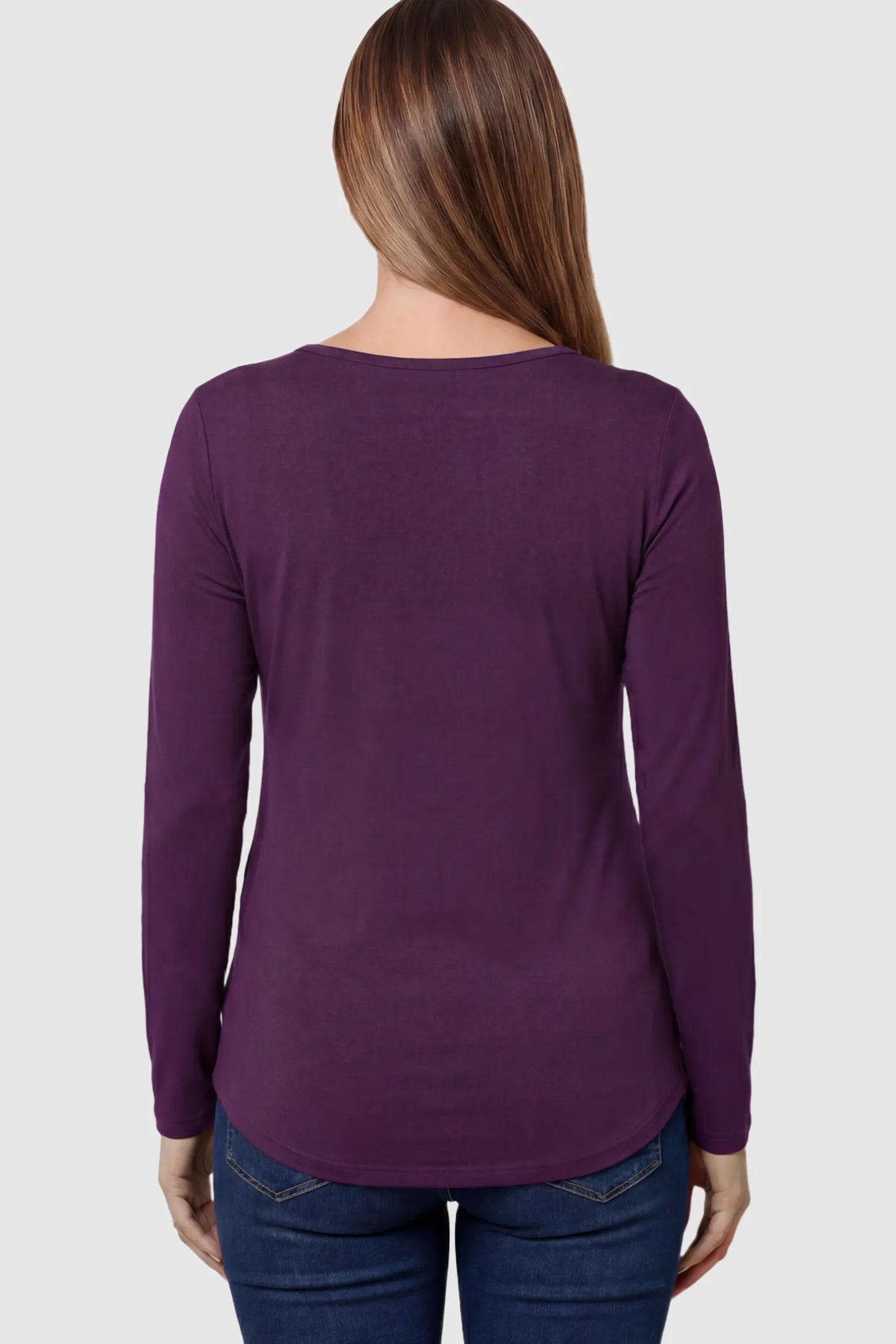Double Layer Long Sleeve Maternity Nursing Top Double Layer Long Sleeve Maternity & Nursing Top in dark purple with a discrete lift-up access on a pregnant model showing back.