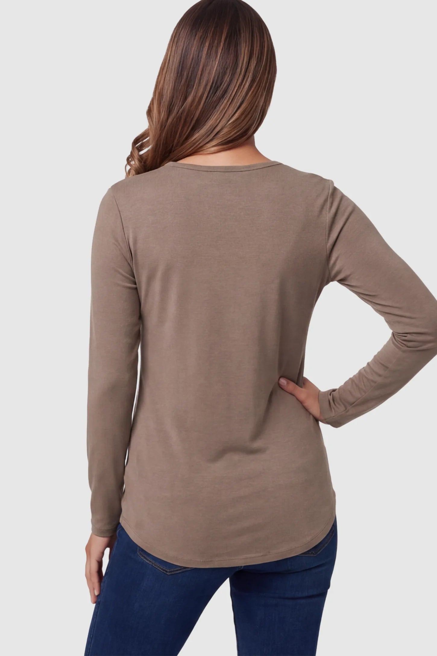Double Layer Long Sleeve Maternity Nursing Top Double Layer Long Sleeve Maternity & Nursing Top in light coffee with a discrete lift-up access on a pregnant model showing back.