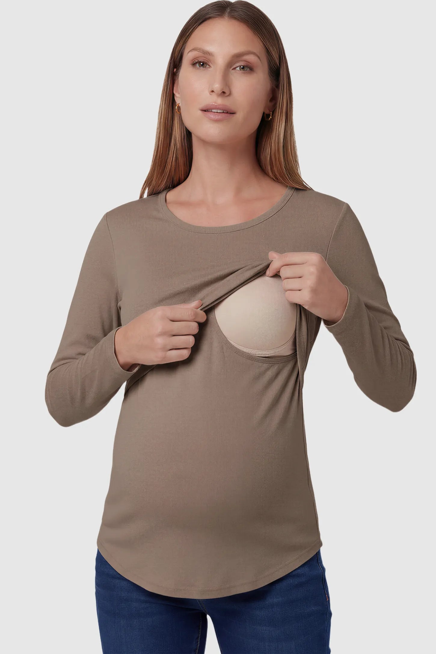 Double Layer Long Sleeve Maternity Nursing Top Double Layer Long Sleeve Maternity & Nursing Top in Light Coffee with a discrete lift-up access on a pregnant model.