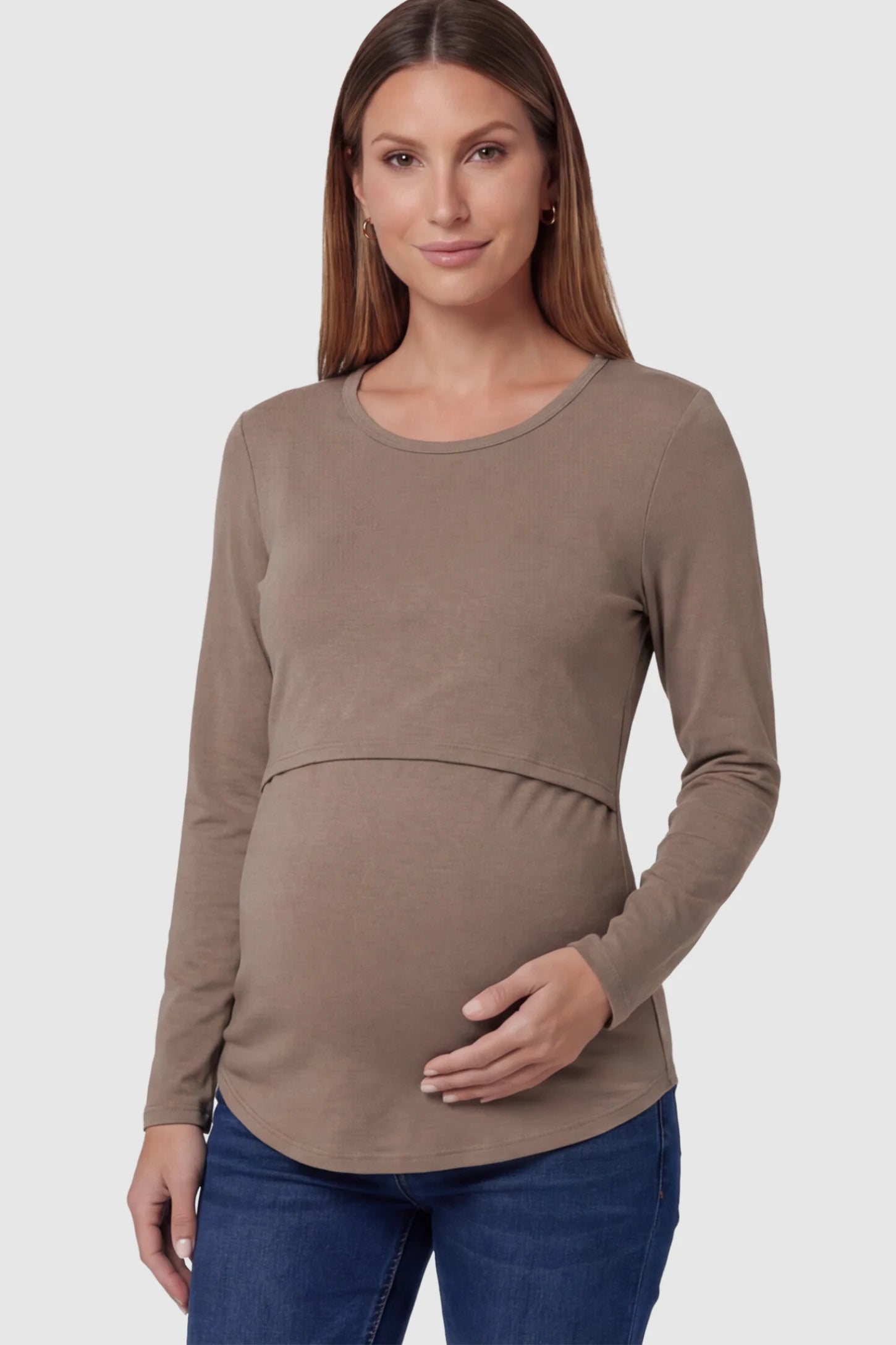 Double Layer Long Sleeve Maternity Nursing Top Double Layer Long Sleeve Maternity & Nursing Top in Light Coffee with a discrete lift-up access on a pregnant model.