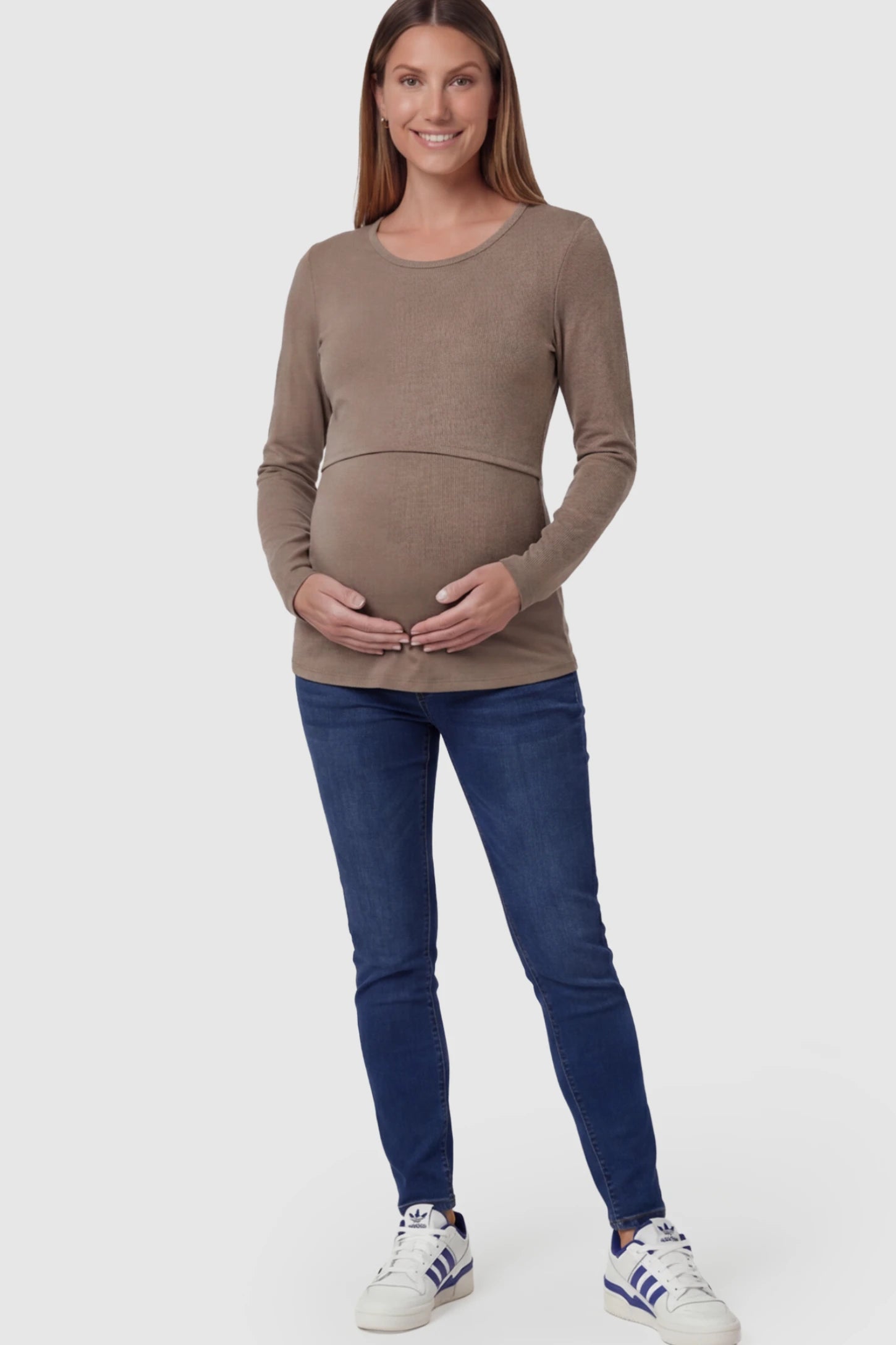 Double Layer Long Sleeve Maternity Nursing Top Double Layer Long Sleeve Maternity & Nursing Top in Light Coffee with a discrete lift-up access on a pregnant model.