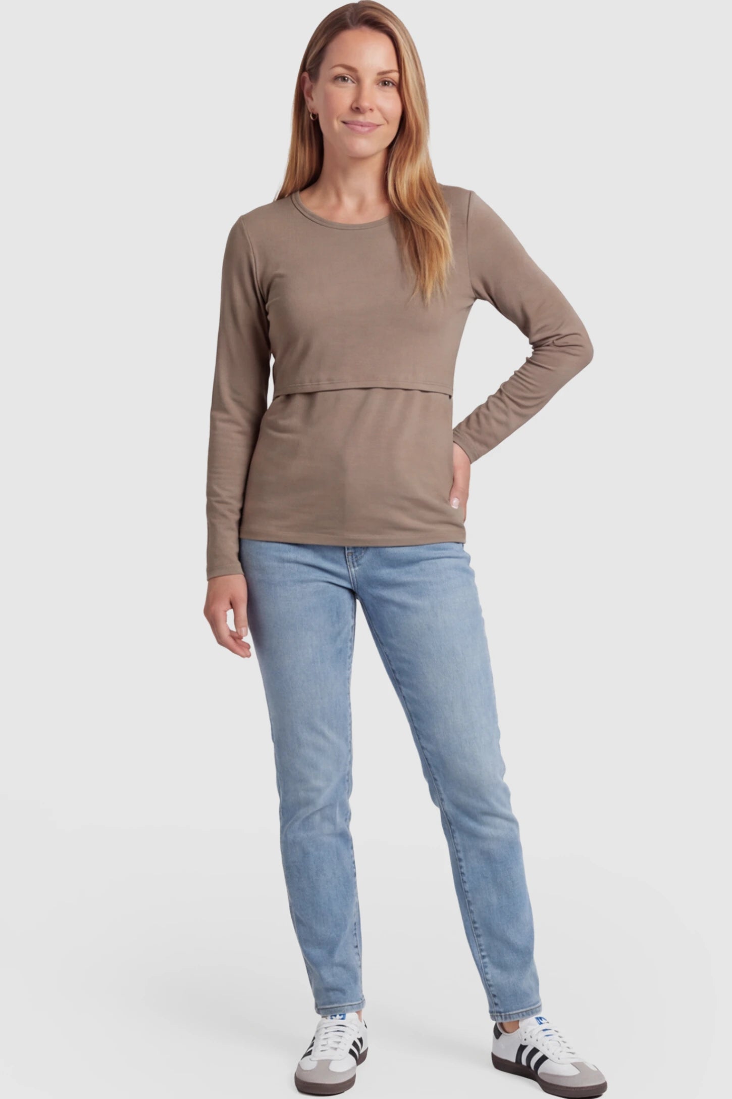 Double Layer Long Sleeve Maternity Nursing Top Double Layer Long Sleeve Maternity & Nursing Top in light coffee with a discrete lift-up access on a postpartum model.