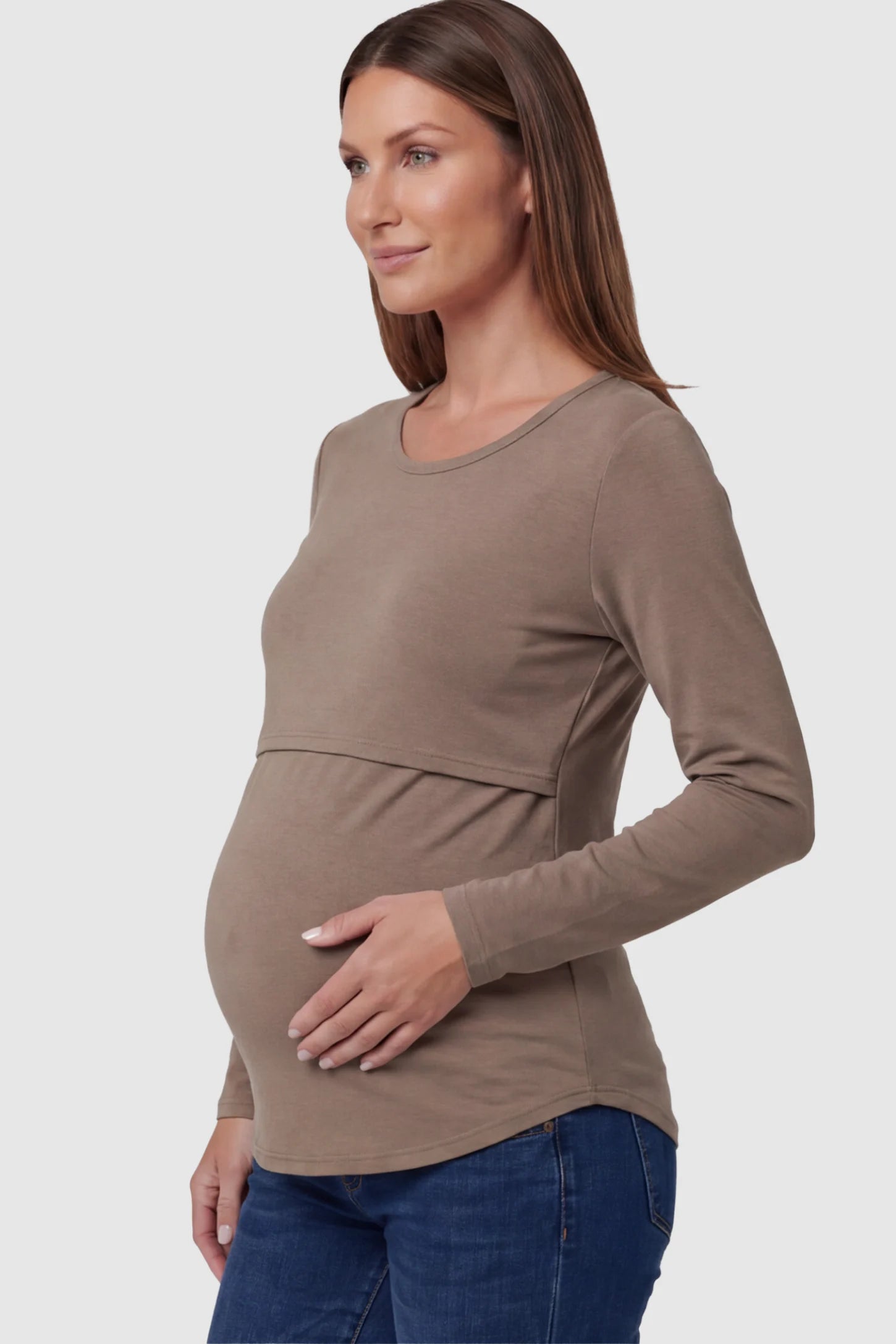 Double Layer Long Sleeve Maternity Nursing Top Double Layer Long Sleeve Maternity & Nursing Top in light coffee with a discrete lift-up access on a pregnant model showing side.