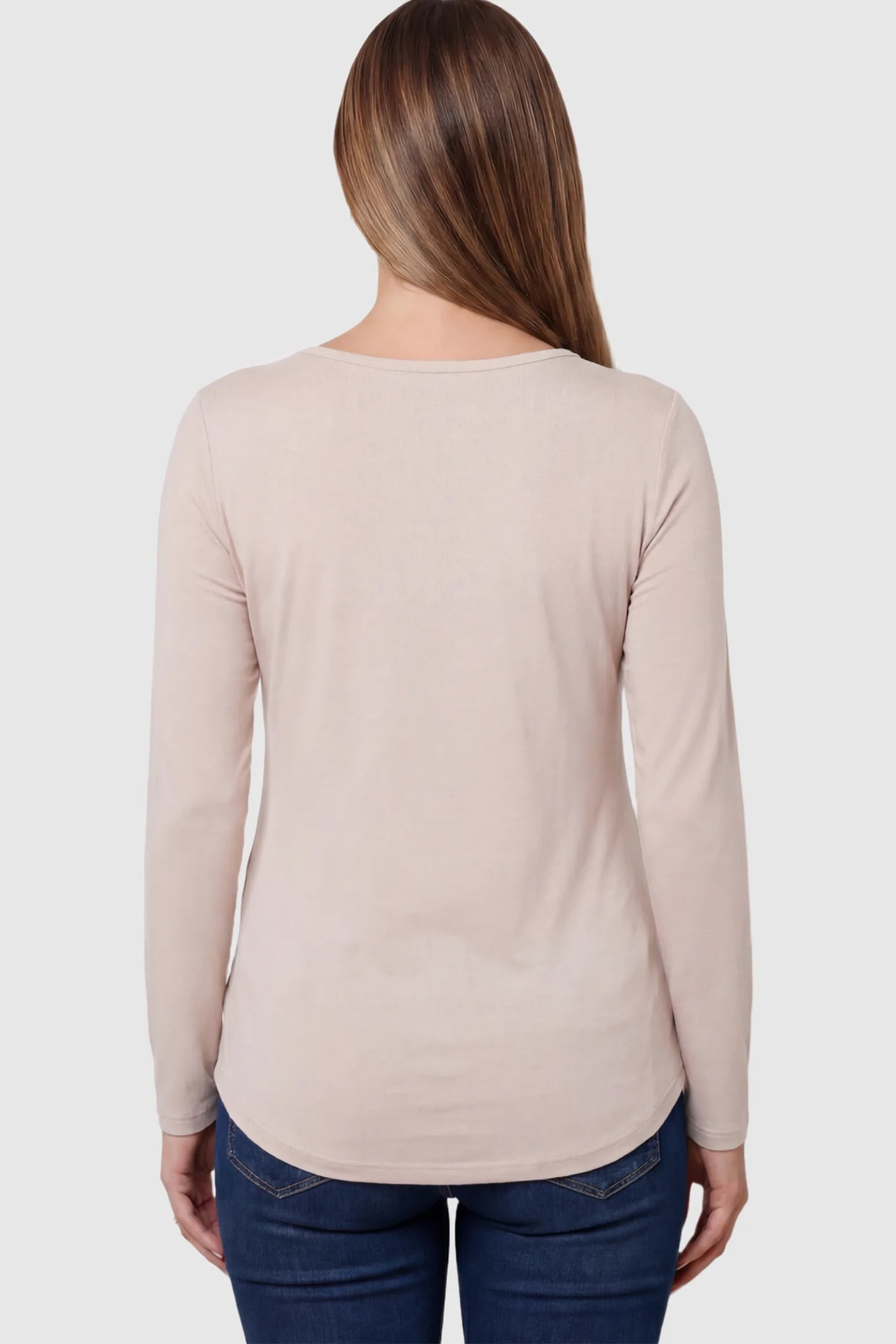 Double Layer Long Sleeve Maternity Nursing Top Double Layer Long Sleeve Maternity & Nursing Top in nude with a discrete lift-up access on a pregnant model showing back.