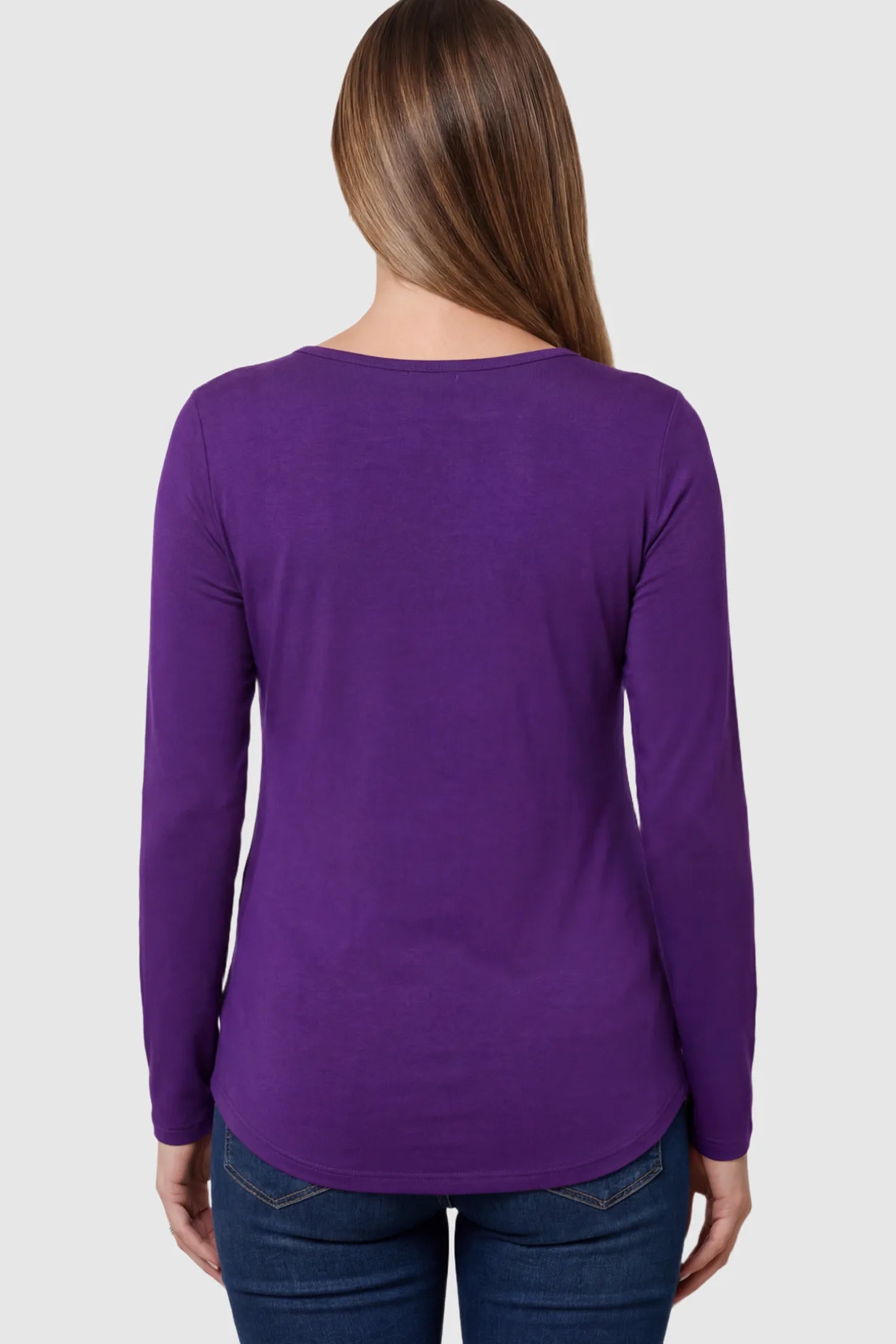 Double Layer Long Sleeve Maternity Nursing Top Double Layer Long Sleeve Maternity & Nursing Top in purple with a discrete lift-up access on a pregnant model showing back.