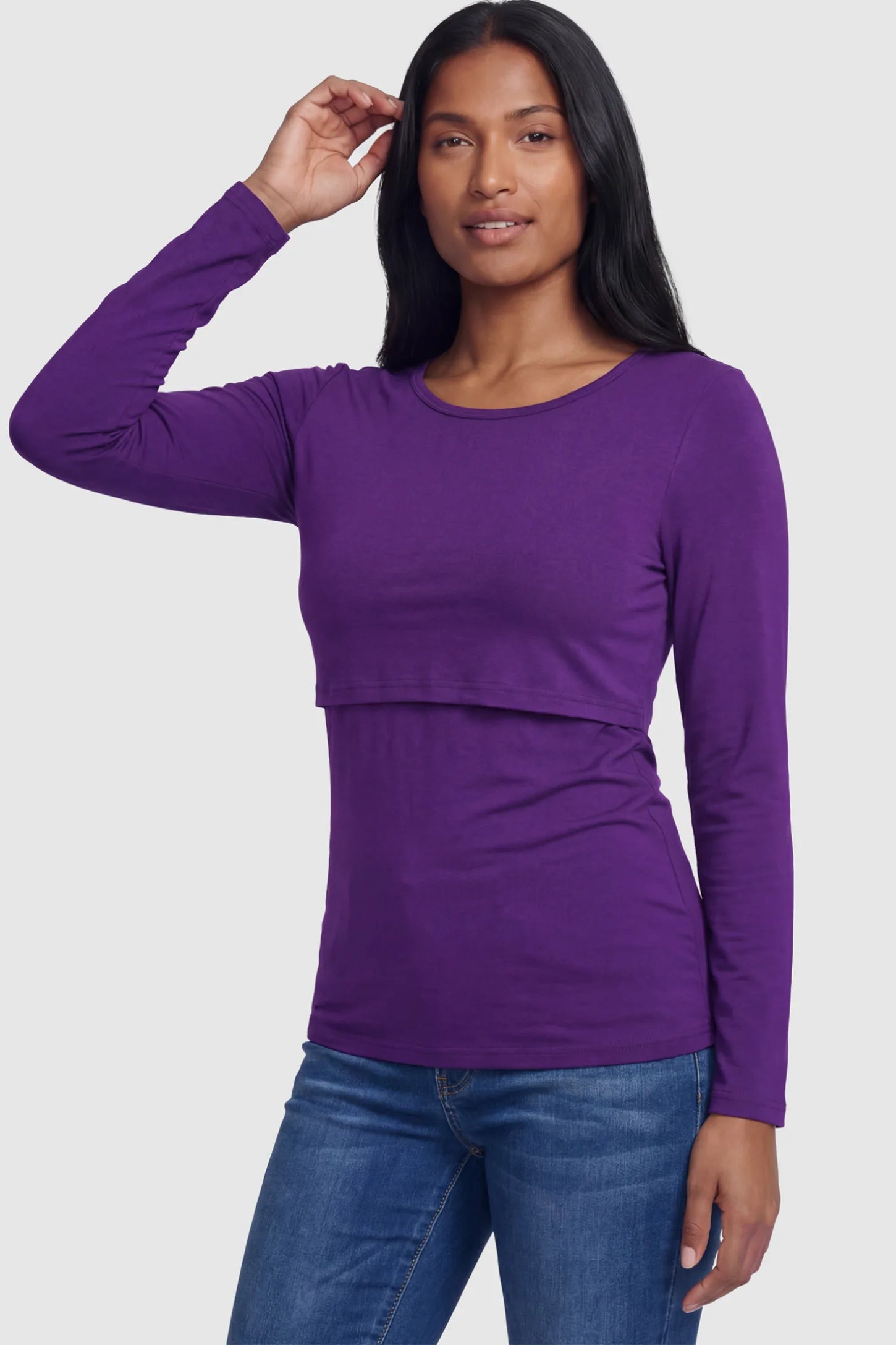 Double Layer Long Sleeve Maternity Nursing Top Double Layer Long Sleeve Maternity & Nursing Top in purple with a discrete lift-up access on a postpartum model.