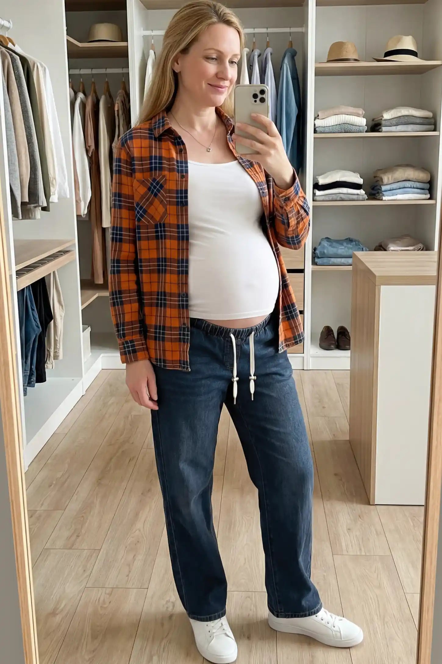 Drawstring Waist Wide Leg Maternity Jeans Drawstring Waist Wide Leg Maternity Jeans in Blue featuring drawstring waistband on a pregnant woman.