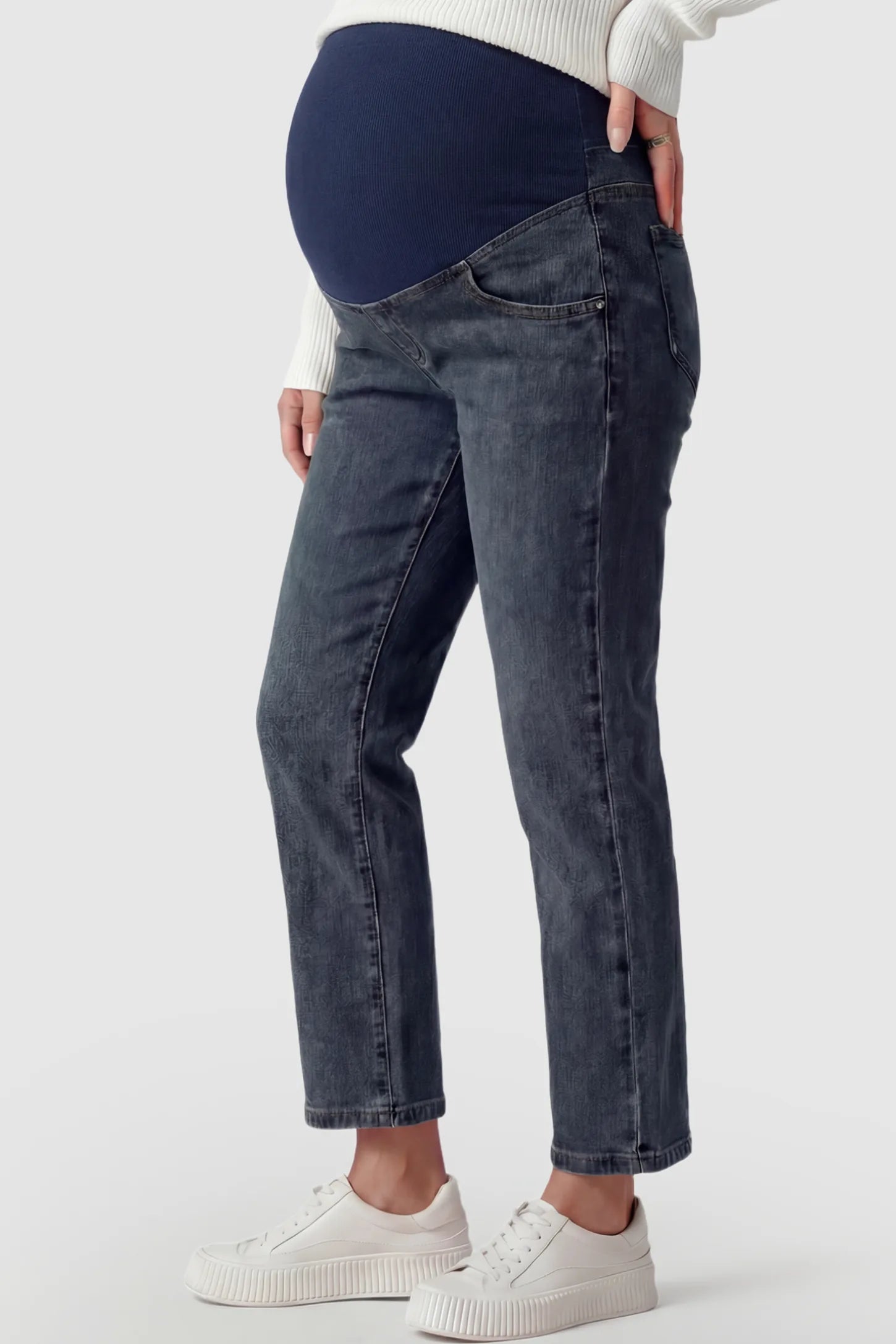Elastic Full Panel Straight Leg Maternity Jeans Elastic Full Panel Straight Leg Maternity Jeans in Blue Gray featuring a high-stretch jersey waistband on a pregnant model showing side.