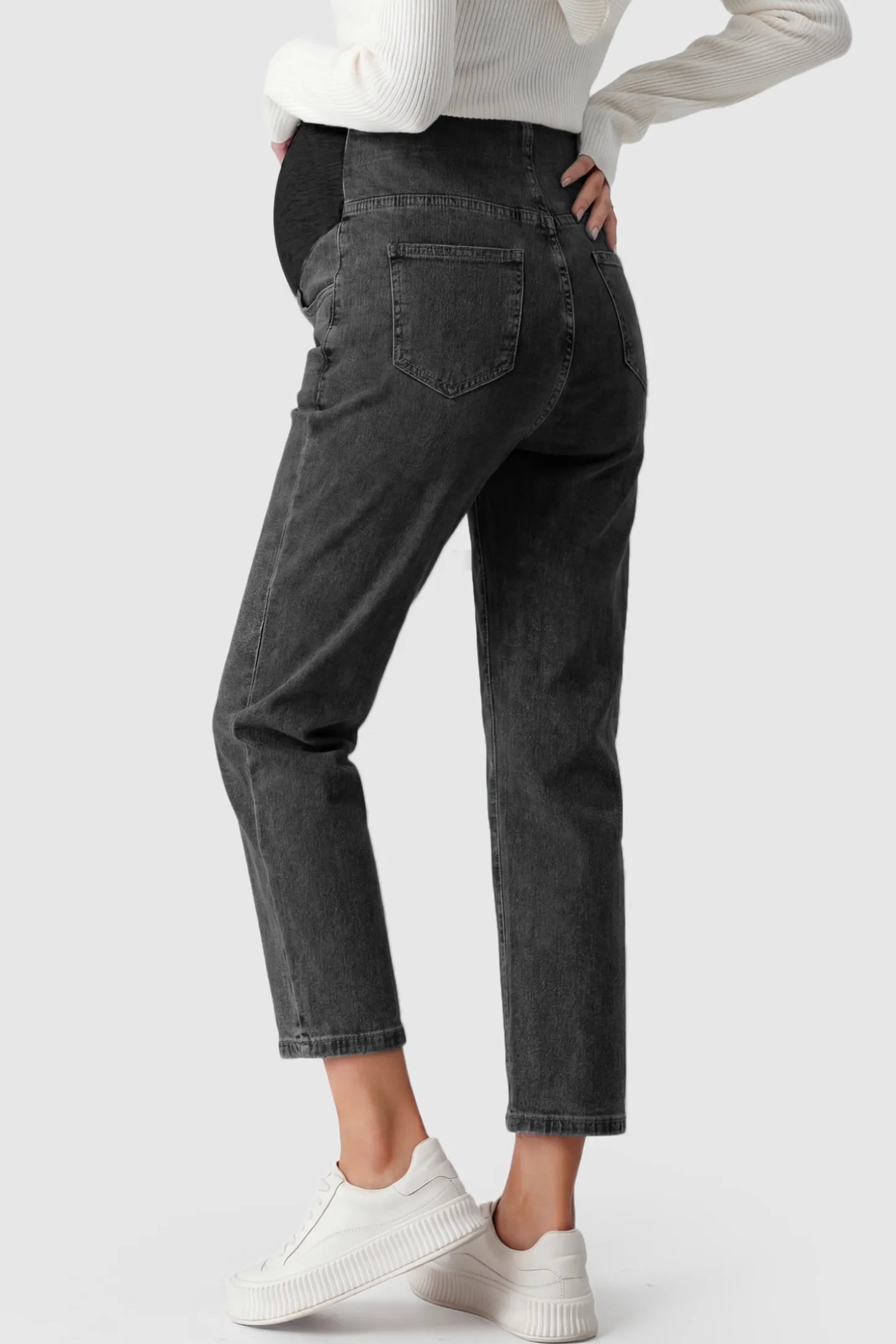 Elastic Full Panel Straight Leg Maternity Jeans Elastic Full Panel Straight Leg Maternity Jeans in smoky Gray featuring straight leg on a pregnant model showing back.