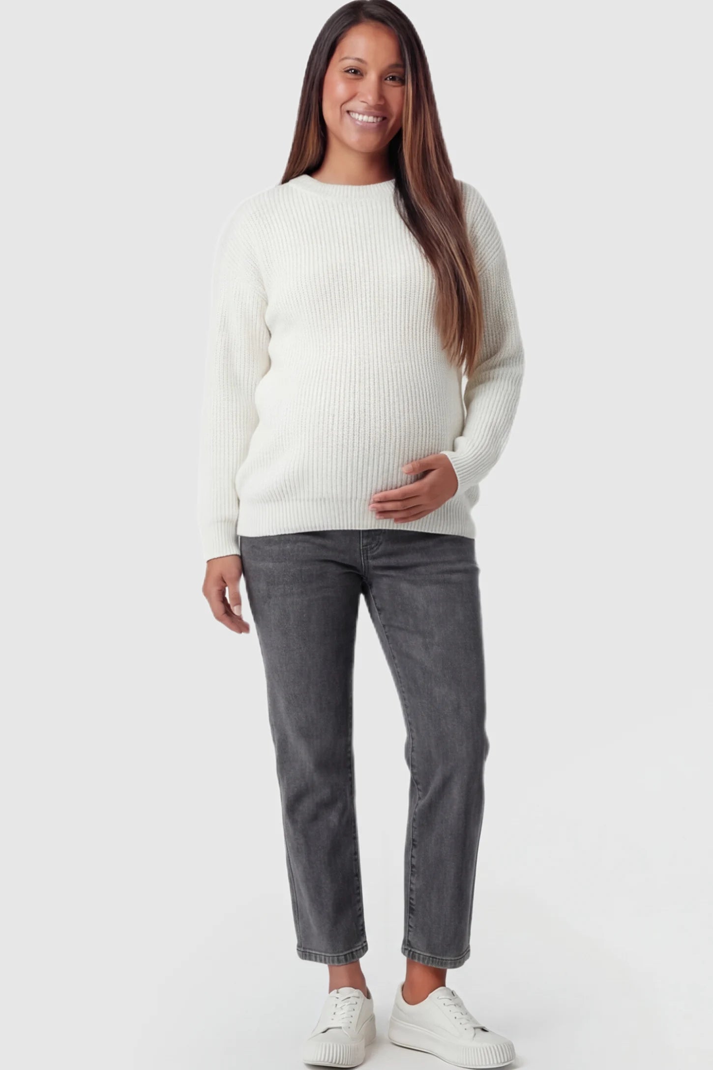 Elastic Full Panel Straight Leg Maternity Jeans Elastic Full Panel Straight Leg Maternity Jeans in smoky Gray featuring a high-stretch jersey waistband on a pregnant model facing front.