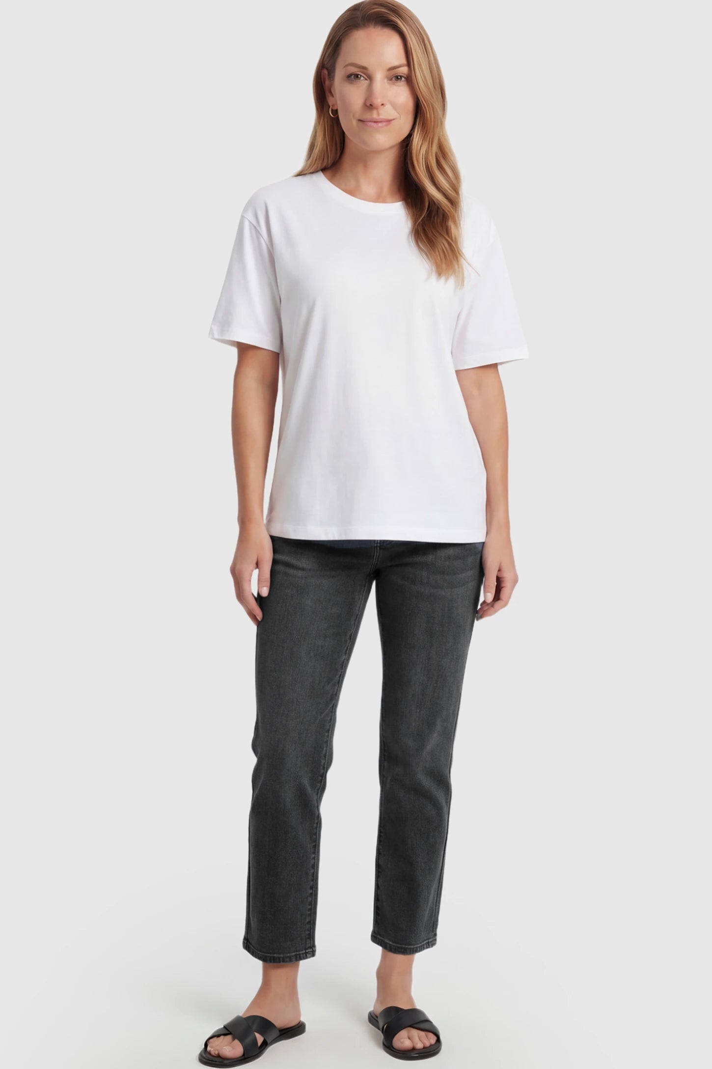 Elastic Full Panel Straight Leg Maternity Jeans Elastic Full Panel Straight Leg Maternity Jeans in smoky Gray featuring a high-stretch jersey waistband on a postpartum model facing front.