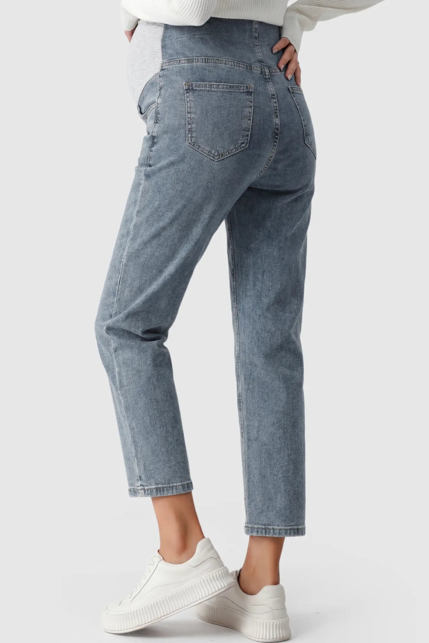 Elastic Full Panel Straight Leg Maternity Jeans Elastic Full Panel Straight Leg Maternity Jeans in Vintage Blue featuring straight leg on a pregnant model showing back.