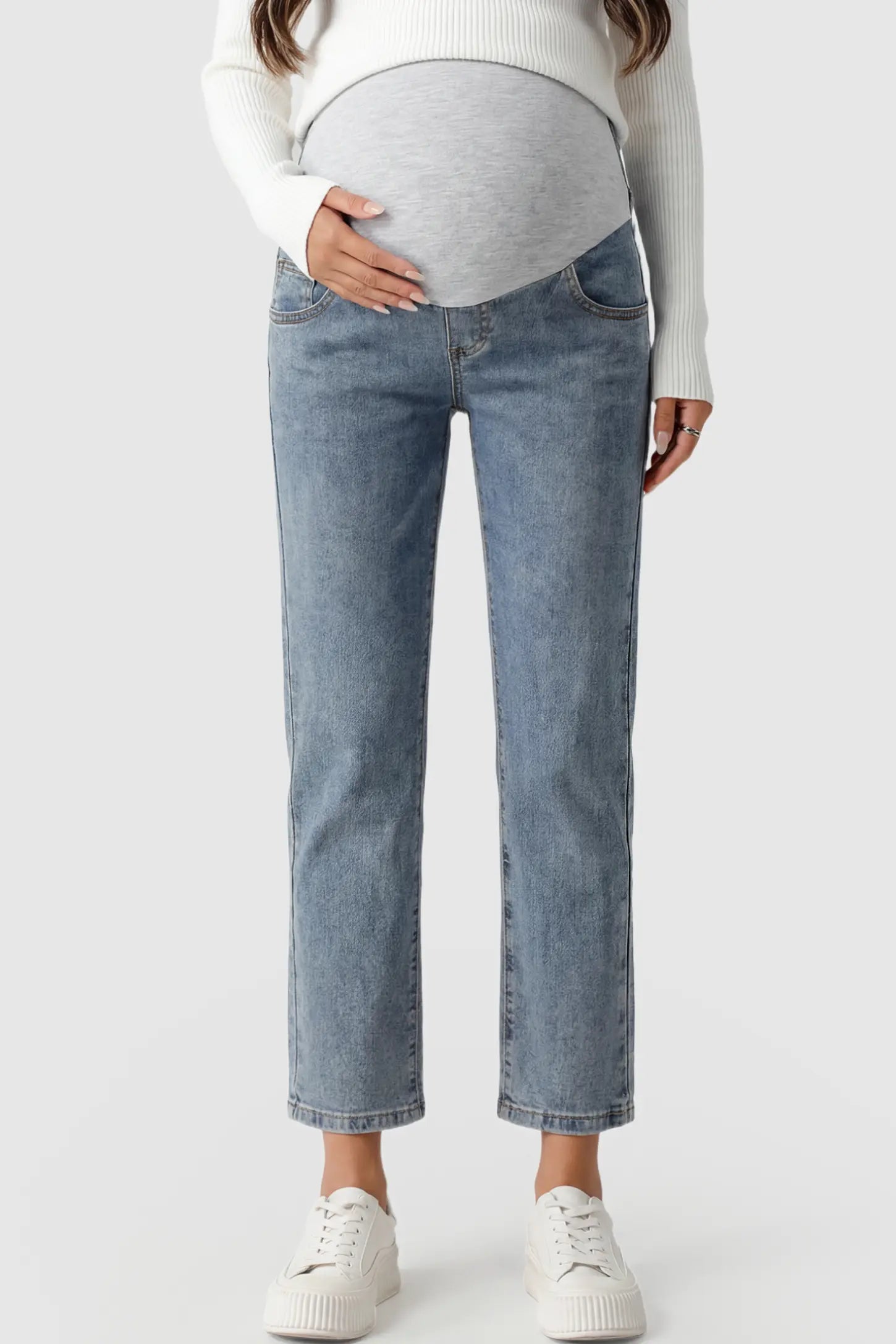 Elastic Full Panel Straight Leg Maternity Jeans Elastic Full Panel Straight Leg Maternity Jeans in Vintage Blue featuring a high-stretch jersey waistband on a pregnant model showing front.